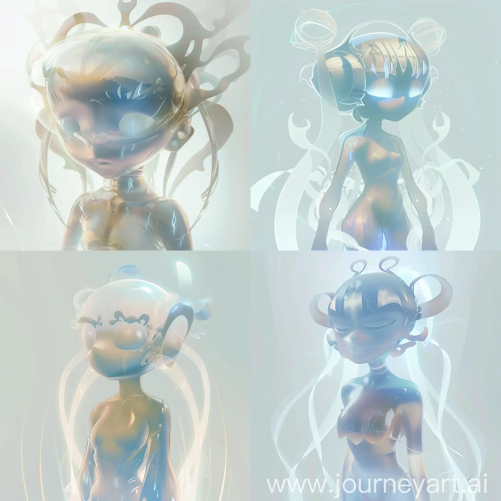 Create an illustration featuring a futuristic, ethereal character with a soft, glowing appearance. The character should have a smooth, metallic surface and delicate, flowing lines that give a sense of otherworldly elegance. Incorporate elements of bioluminescence and a muted color palette, primarily in shades of white, blue, and soft pastels. The design should evoke a feeling of serenity and mystery, with a minimalist background to emphasize the character’s intricate details and luminous quality.