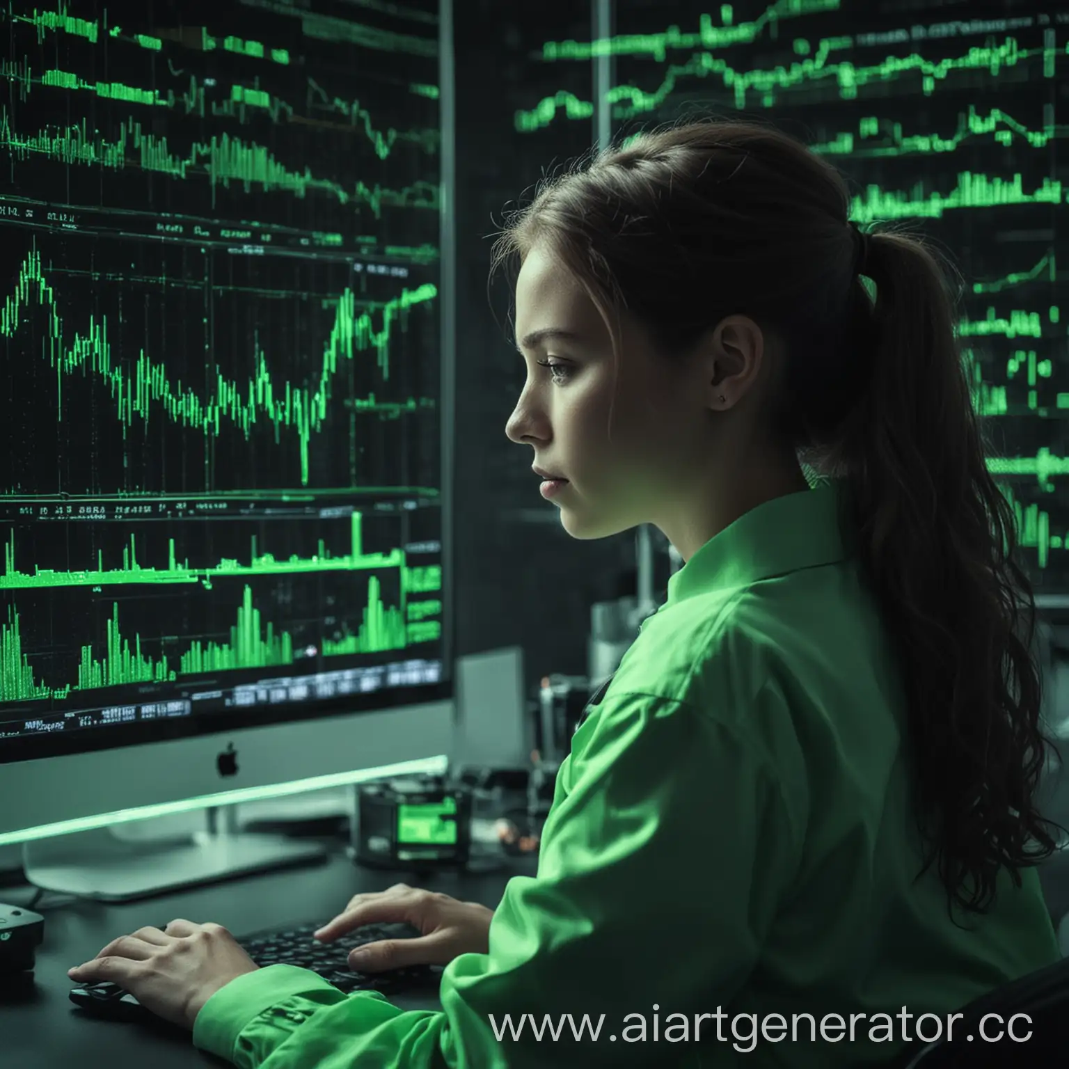 Процесс обработки биржевых данных, неоновые зеленые цвета, искусственный интеллект, 
