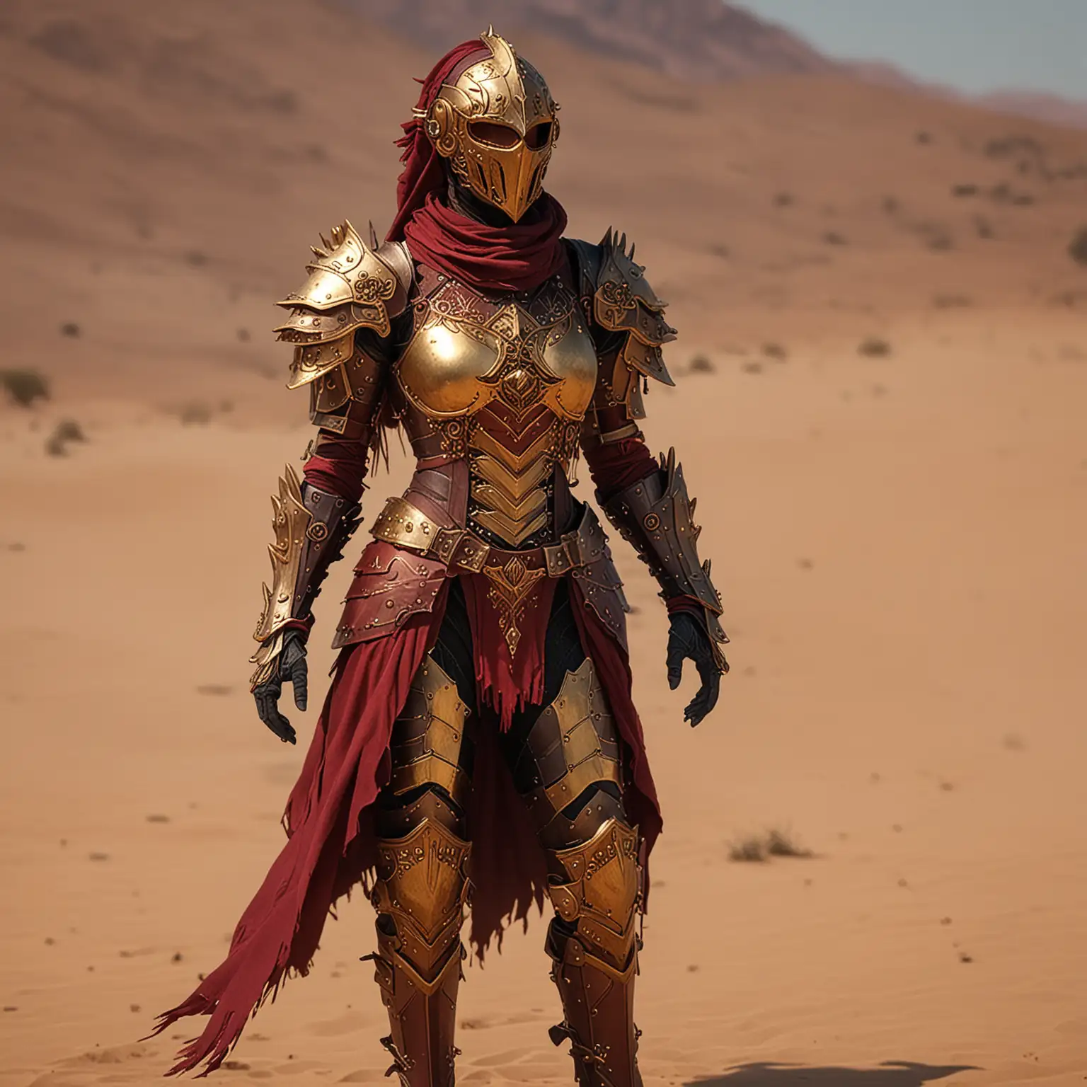 Bold Pyromancer in Wine Red and Gold Armor amidst a Red Desert