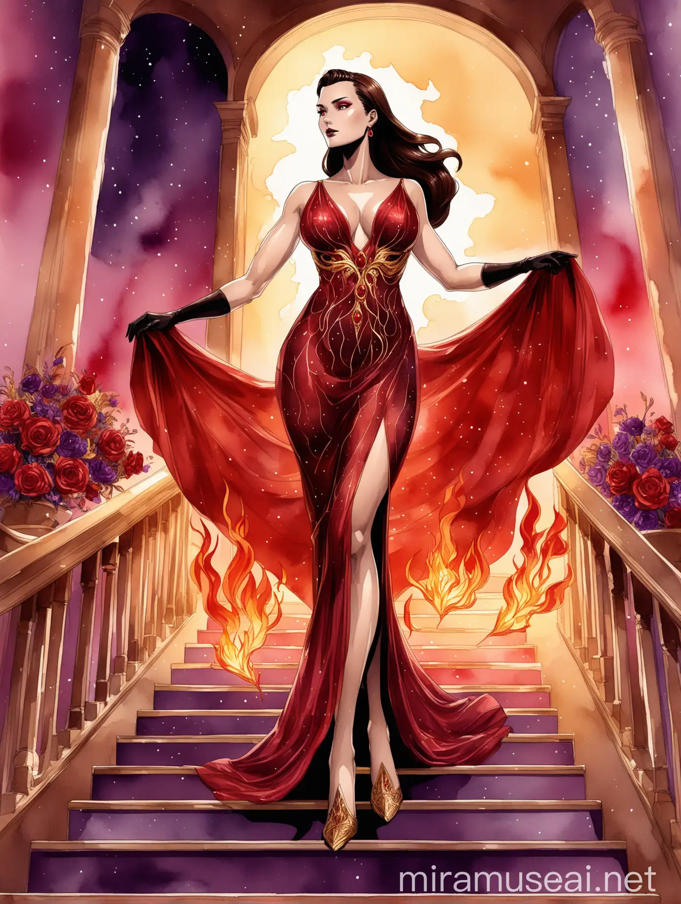 Illustration of a beautiful tall woman, with long dark brown hair with slicked back bangs and red sparkling rubies in her hair, amber eyes, dark makeup, toned curvy figure, she is wearing a long greek styled sheer sparkling red and purple slip gown with hig details flame motives and a deep V-neck, a long neck cloak, sparkling flame designed heels, red ruby jewelry, mesh flame embroidered long gloves, she is walking down on a sparkling staircase filled with flowers, indoors, at sunset, purple and red color pallet, watercolor style, drawn in the style of the artist Jim Lee, comic book cover style, dramatic lighting, red sparkling dust flowing in the air