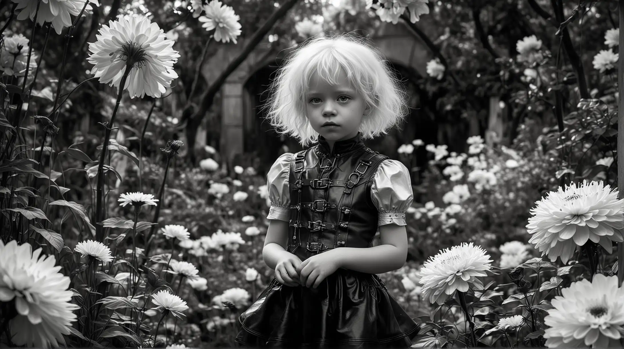 Steampunk Albino Child in Neon Leather Dress Exploring Gothic Garden