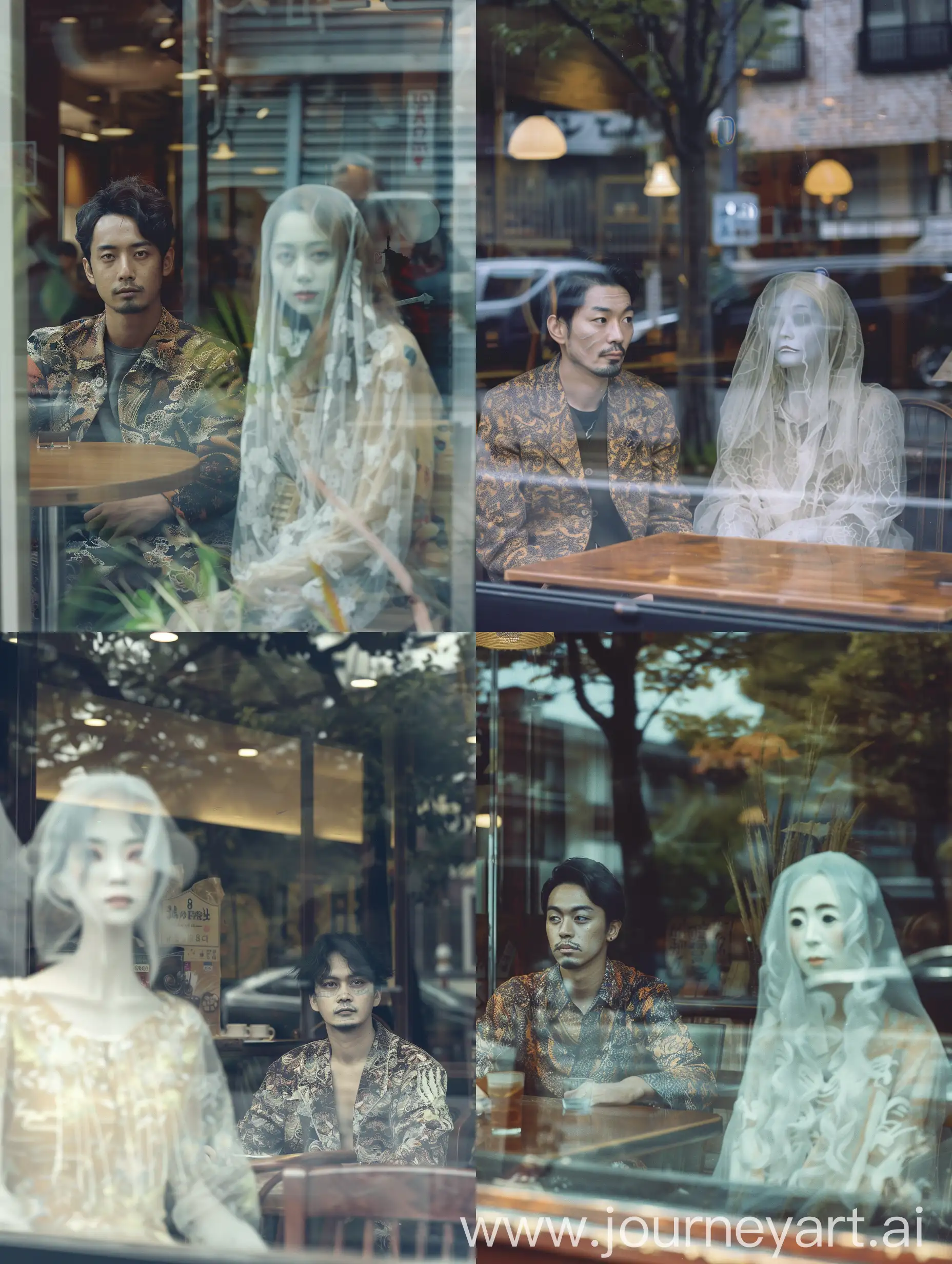 A handsome Japanese man, wearing fashionable clothes, in a cafe through the window. he did not realize that there was a dull-looking female ghost sitting opposite him. She was sitting elegantly and had a very scary expression, very strong reflection in the window, calm nostalgic atmosphere. wheat film. Kodak Portra Film. original photo. very detail. 8K HD