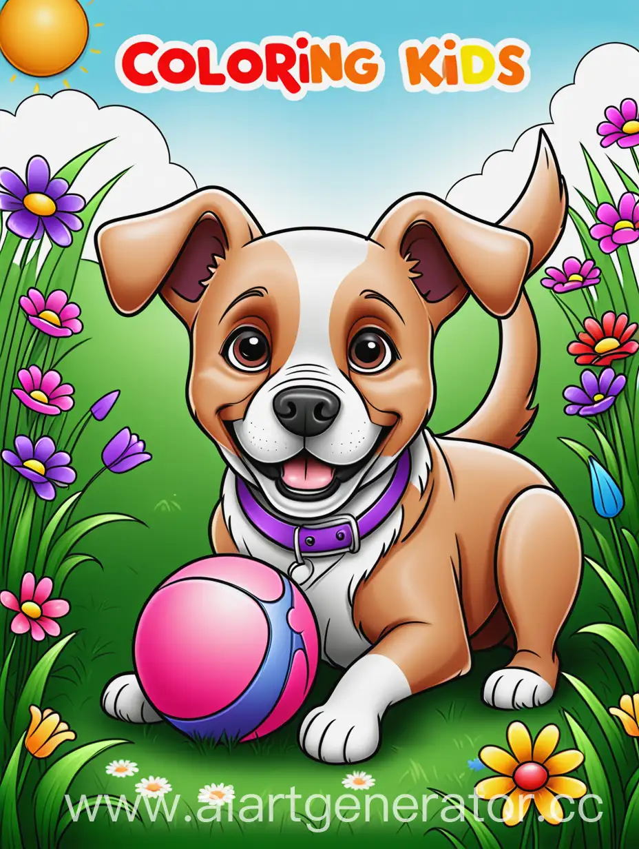 Создайте обложку раскраски для малышей с изображением собаки, играющей с мячом. В качестве фона добавь нераскрашенные  цветы и траву. Не перегружая фон. Добавь немного карандашей. Сверху название " Раскраски для детей".
