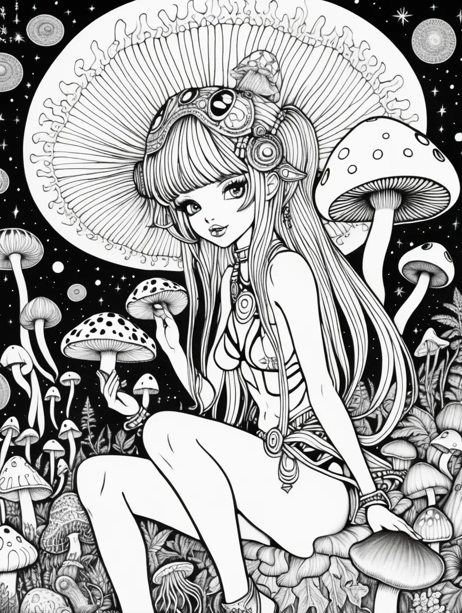 Adult Coloring Book, black and white, sexy raver fairy girl, with mushrooms , galactic sky,  jellyfish, acid dmt, high contrast