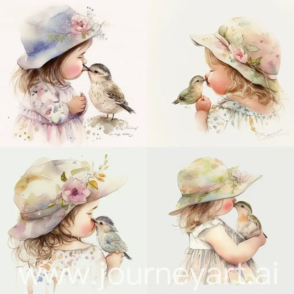 Adorable little girl with big hat kissing a cute bird, cute, vintage, whimsical, pastel color, soft colors, watercolor, by Sarah Kay, white background