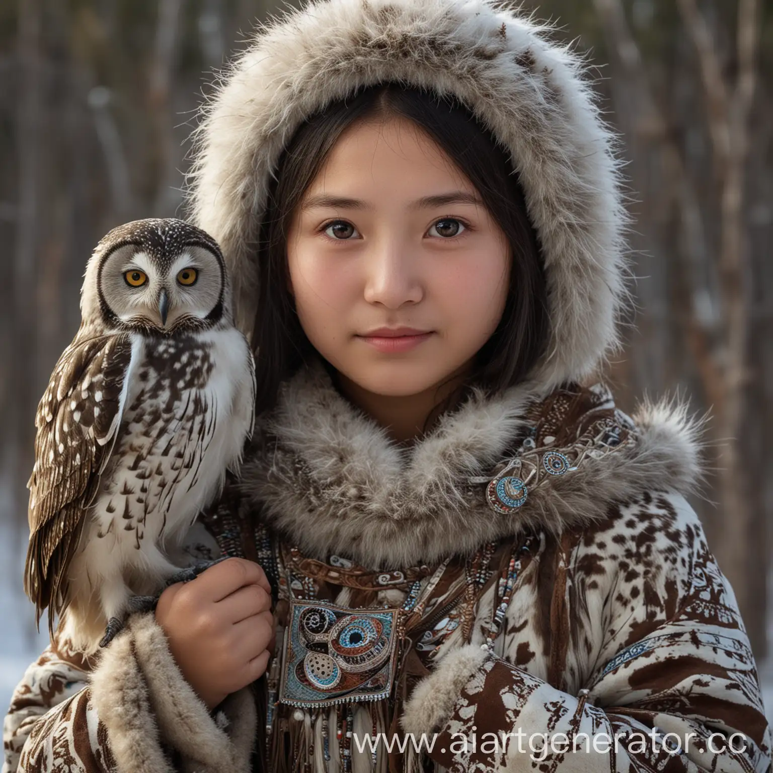 Yakutian-Girl-Holding-Owl-in-Snowy-Landscape