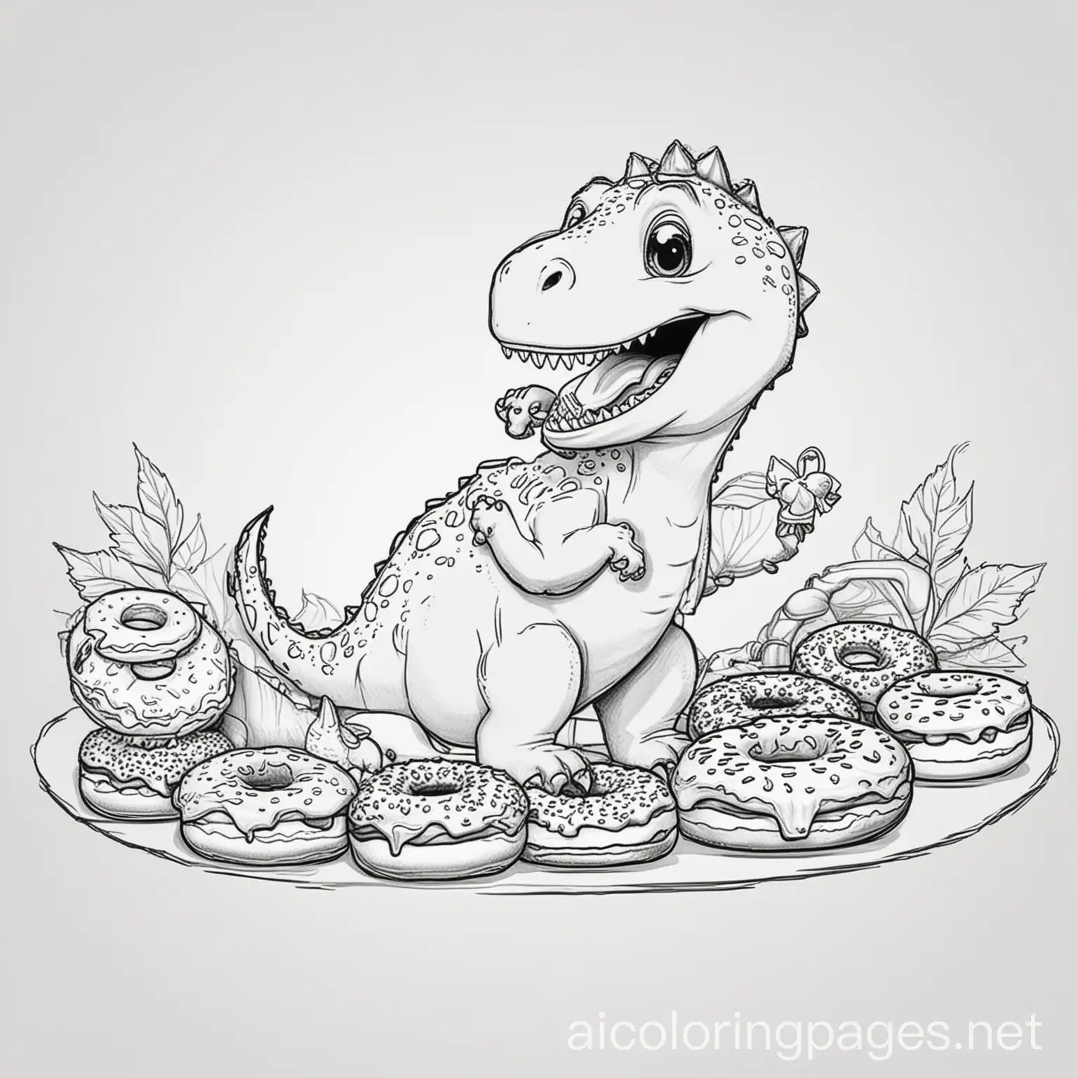 dinosaur eating donuts, Coloring Page, black and white, line art, white background, Simplicity, Ample White Space. The background of the coloring page is plain white to make it easy for young children to color within the lines. The outlines of all the subjects are easy to distinguish, making it simple for kids to color without too much difficulty 