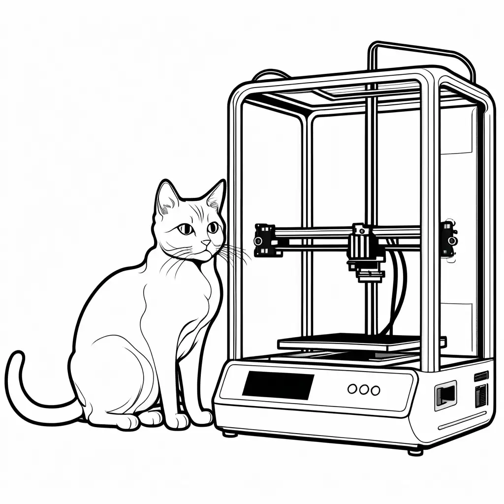 a cute cat sitting next to a 3D printer, Coloring Page, black and white, line art, white background, Simplicity, Ample White Space. The background of the coloring page is plain white to make it easy for young children to color within the lines. The outlines of all the subjects are easy to distinguish, making it simple for kids to color without too much difficulty