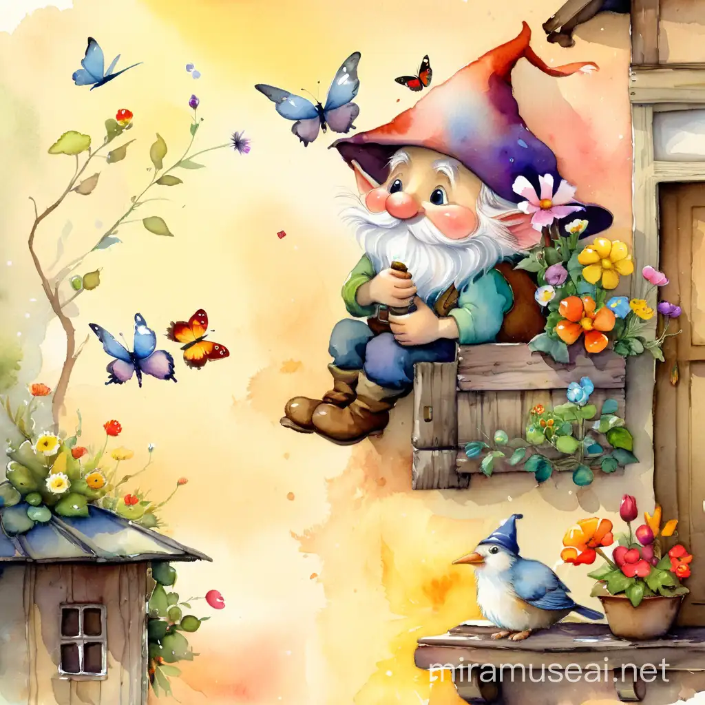 милый добрый маленький гномик сидит на крылечке своего домика с окошками и ставнями и что-то мастерит, мотыльки, птички, цветы, watercolour style by Alexander Jansson