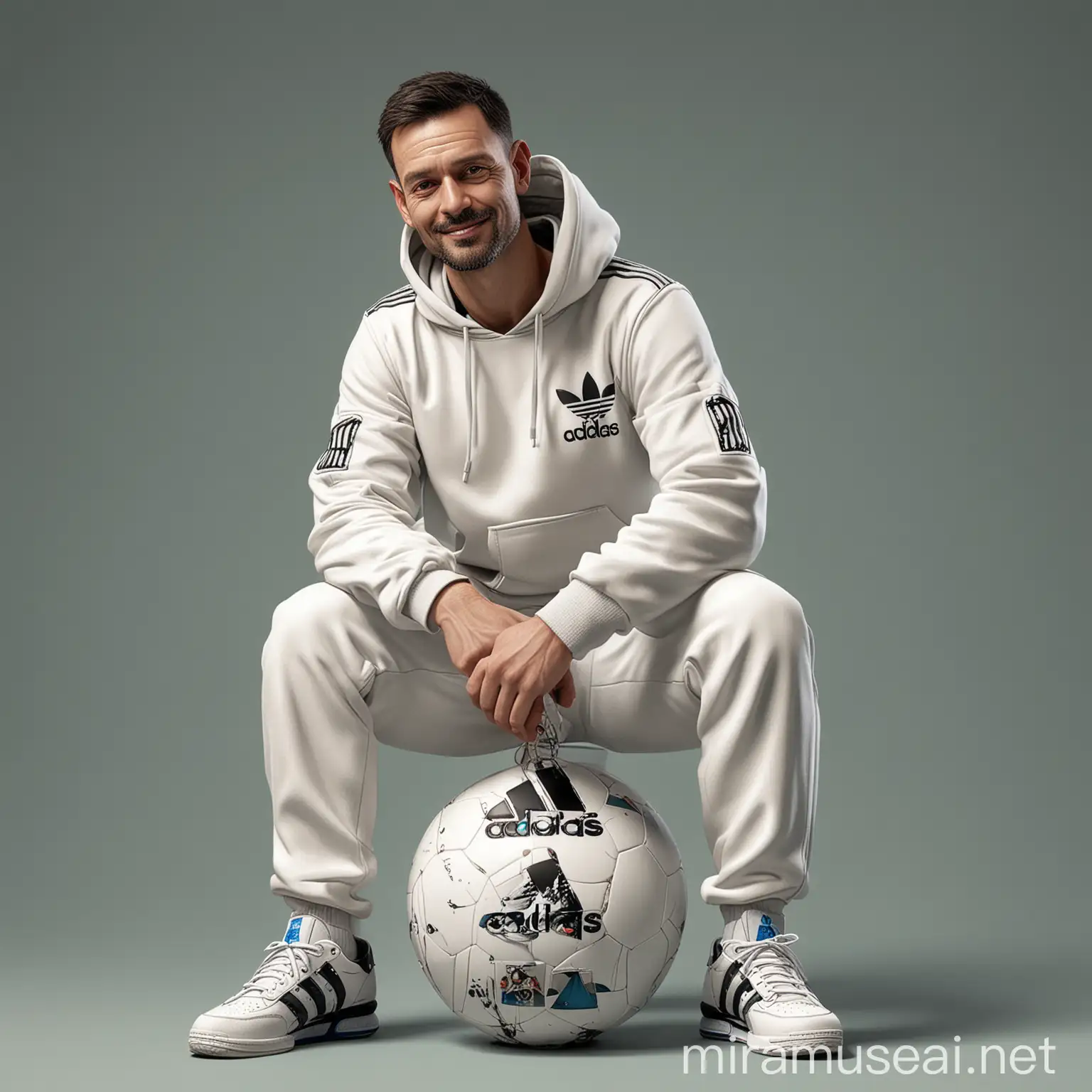 Realistic Caricature Man Sitting on Adidas Ball in Stadium