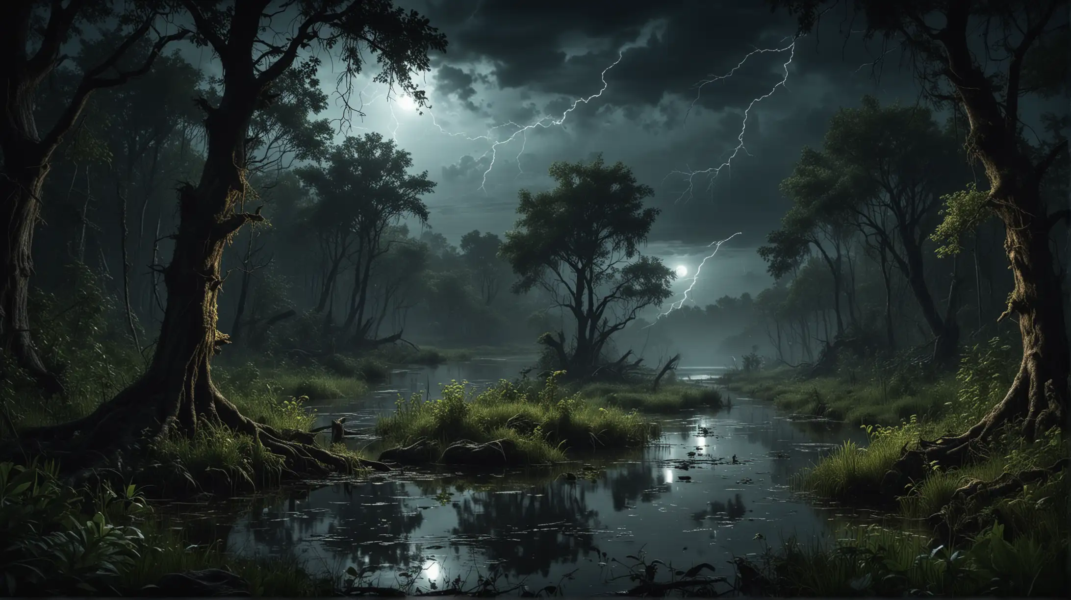 Dark Forest with River and Swamp Plants at Night