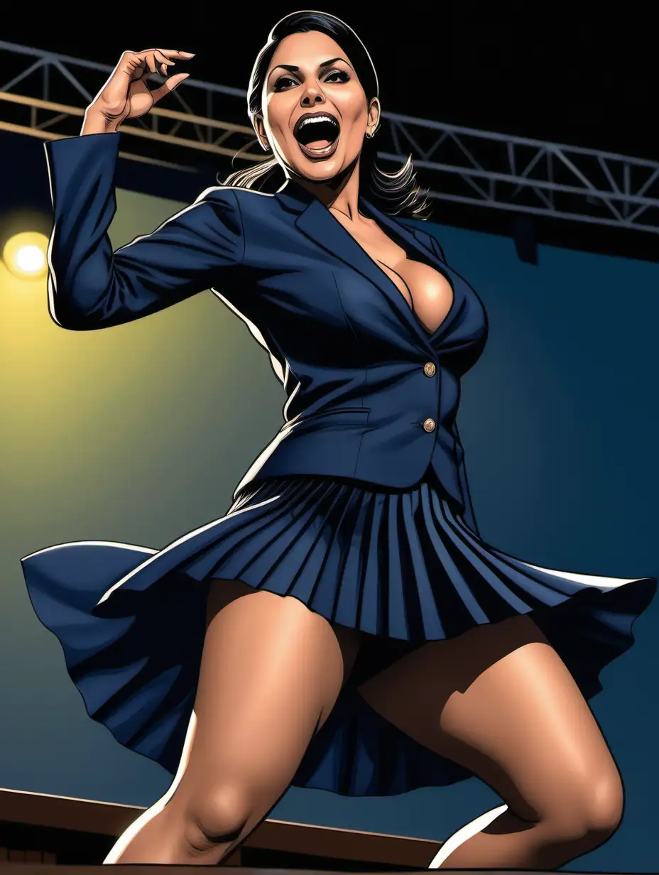 Voluptuous, Priti Patel, navy, pantyhose, pleated, skirtsuit, outdoor stage [Highly Detailed] Detailed comic art style, below angle, (black)bra exposed, dancing, women's conference, skirt lifting up, night
