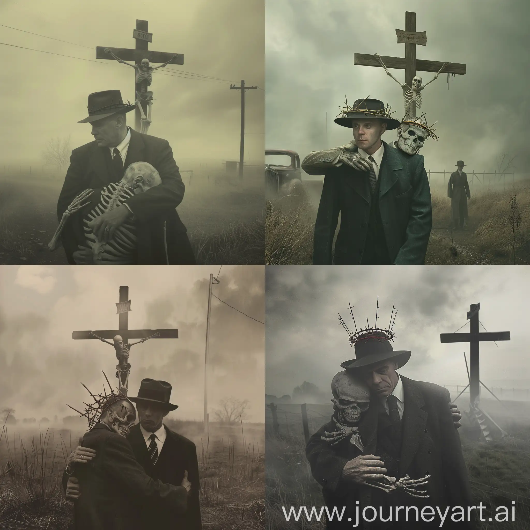Mysterious-Encounter-Man-in-1940s-Style-Clothes-Embraced-by-Skeleton-in-Foggy-Field-with-Wooden-Cross