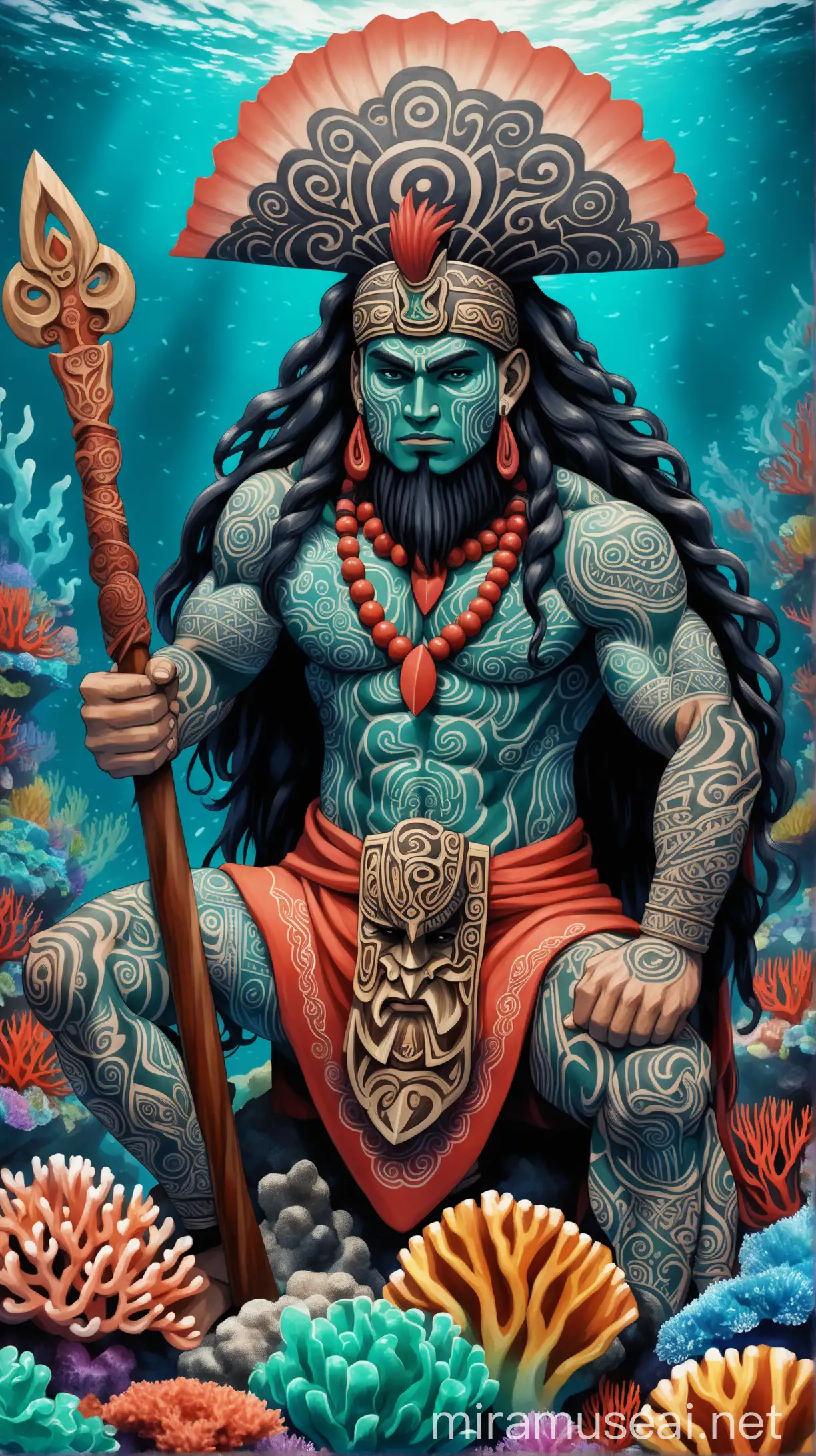 Maori Warrior Marine God on Colorful Coral Reef with Taiaha Weapon