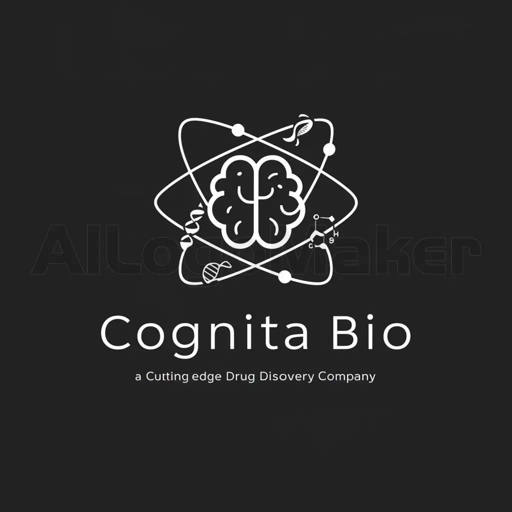 a logo design,with the text "Cognita Bio", main symbol:Design a monochrome logo for a drug discovery company named 'Cognita Bio'. The logo should feature a brain in the center with atomic orbit rings around it. The orbiting circles should contain a DNA double helix, a chemical structure, and a protein ribbon. Use a clean and modern font for the company name. The design should convey innovation, trust, and scientific advancement.,Minimalistic,clear background