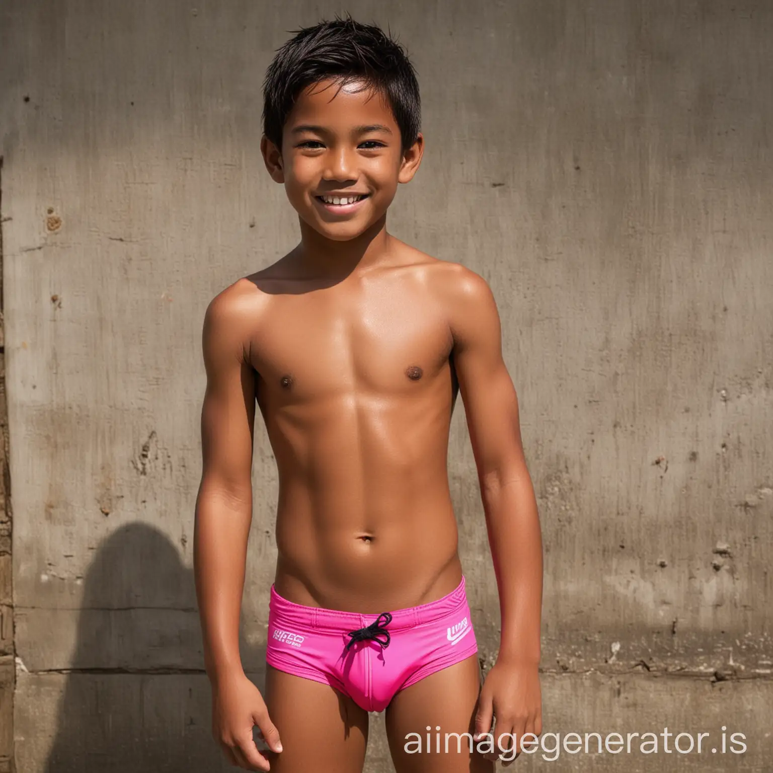 asian swim kid boy abs 6 pack 11-year-old strong dark skin big chest pink speedo hot muscle smile