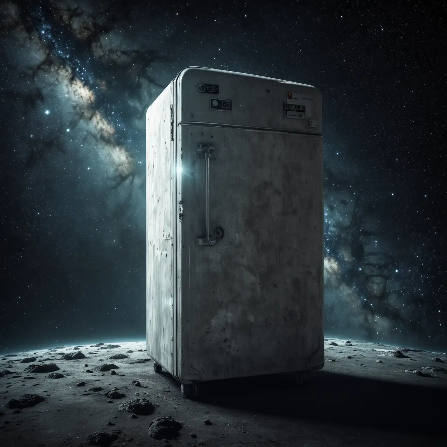 an old refrigerator travelling through deep space
