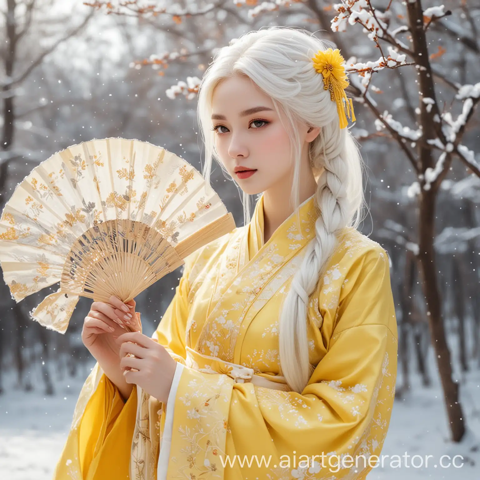 русская девушка в жёлтом ханьфу с веером, с белоснежными волосами, в стиле маньхуа