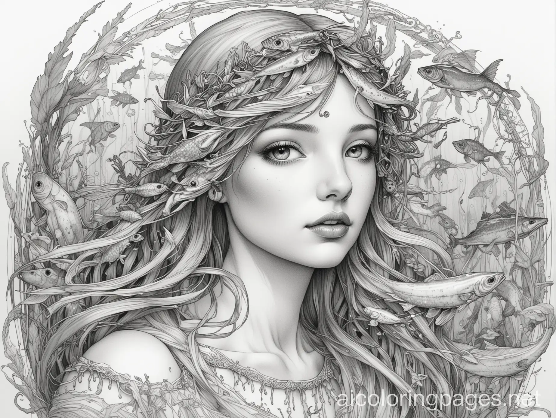 Graphic illustration, Anchovies, fantasy, ethereal, beautiful, Art Nouveau, in the style of Brian Froud, Coloring Page, black and white, line art, white background, Simplicity, Ample White Space. The background of the coloring page is plain white to make it easy for young children to color within the lines. The outlines of all the subjects are easy to distinguish, making it simple for kids to color without too much difficulty