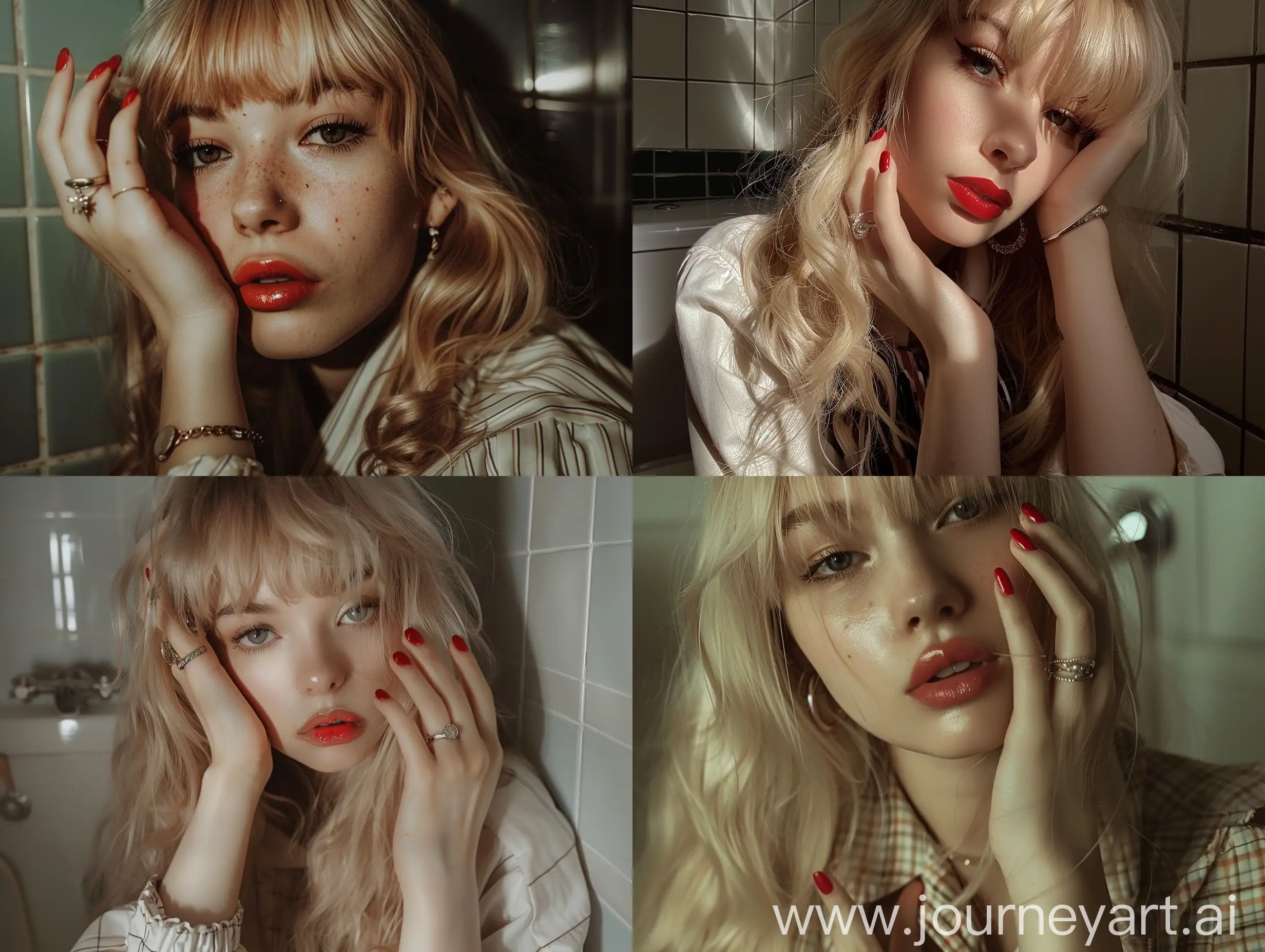 Close up photo of a gorgeous girl in lavatory, blonde hair, bangs, long full hair, realistic lighting and shadows, red gel nail polish, one hand on cheek, ring on finger, preppy clothing