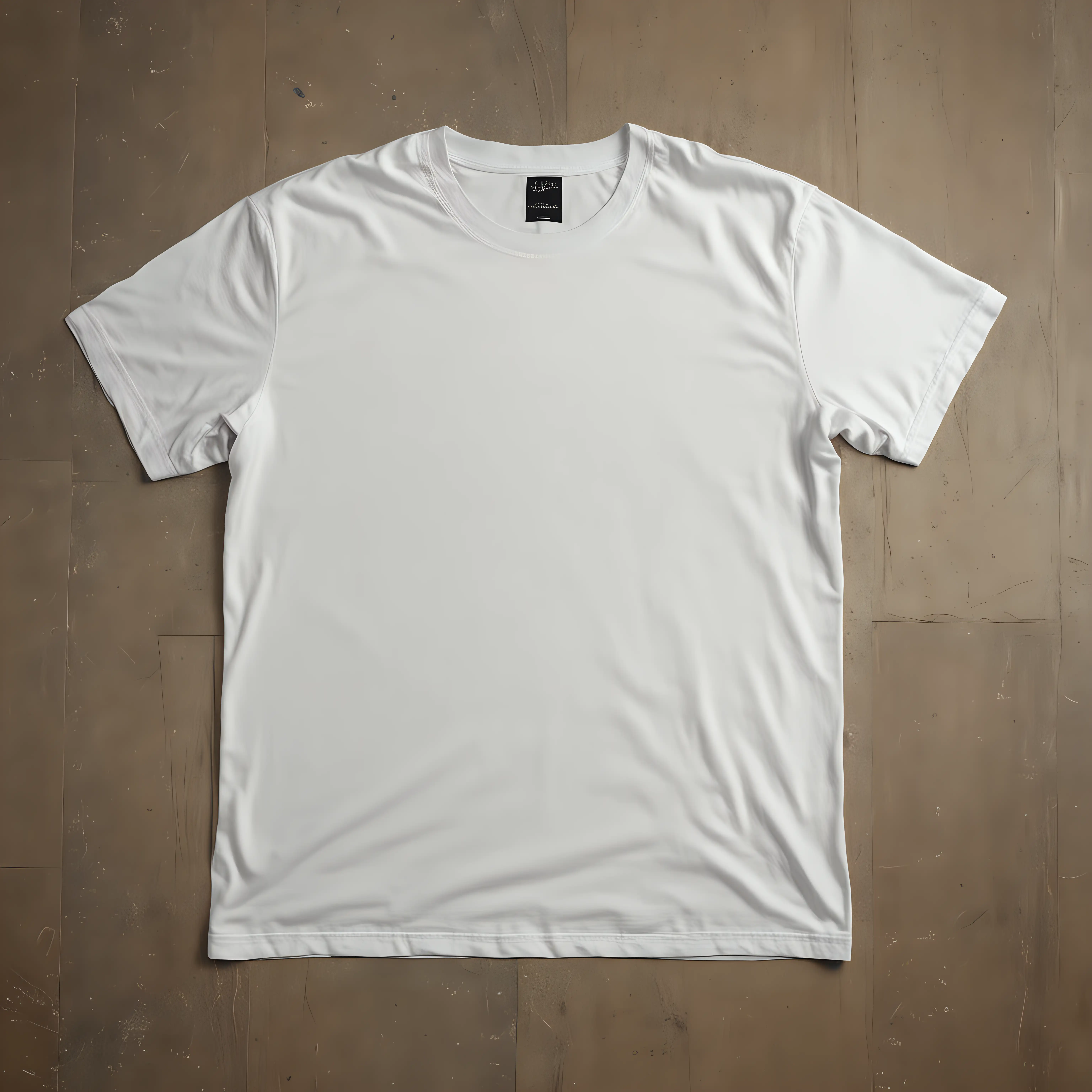 HYPER REALISTIC textured ironed simmetrical proportional 100% cotton bella canvas 3001 white tshirt no wrinkles, lied on floor seen from above with solid contrasting background floor