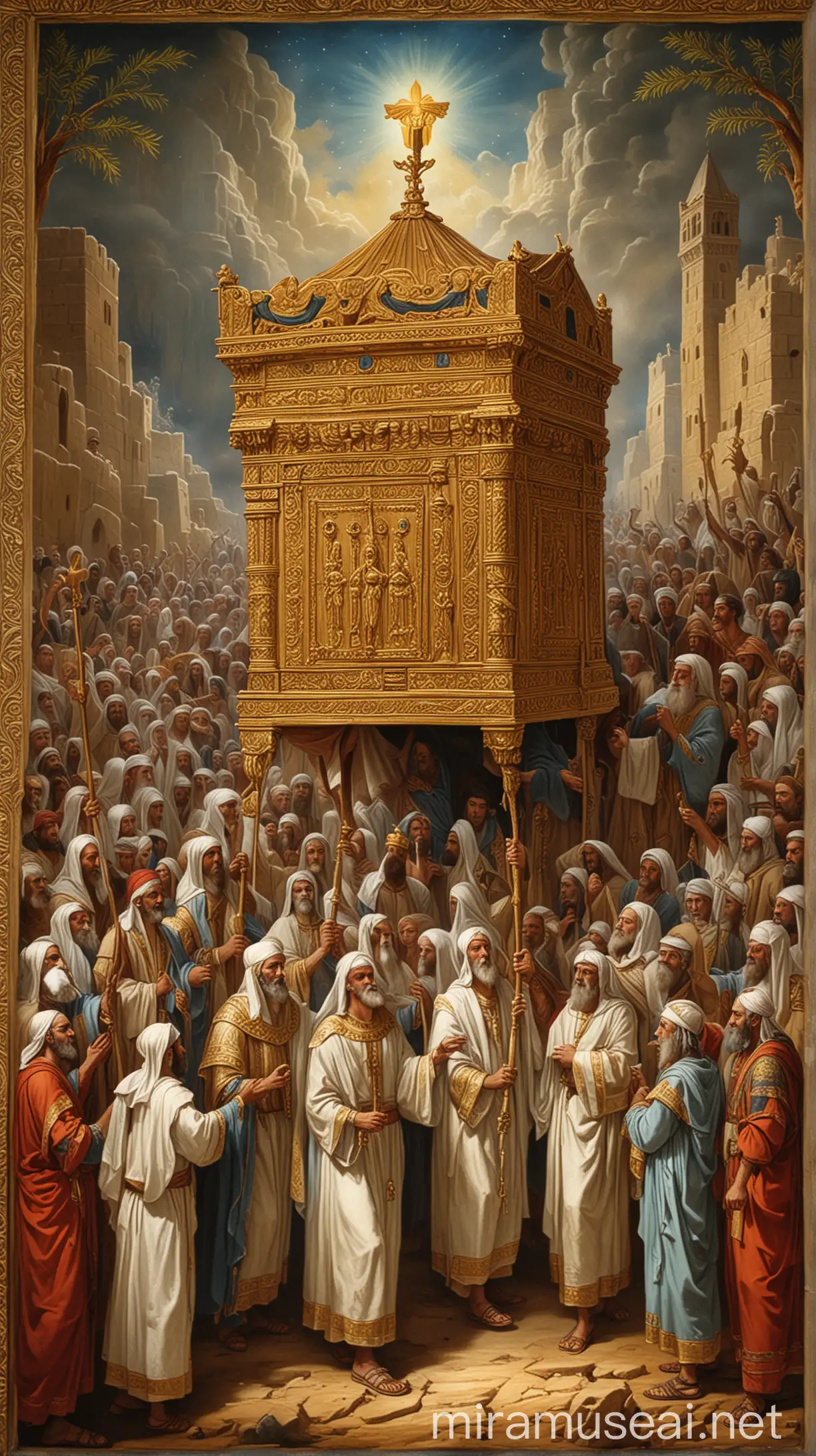A historical scene depicting the Ark of the Covenant being carried from the house of Obed-Edom, with King David leading the procession. The Ark, ornate and glowing, is borne by men in ancient attire."