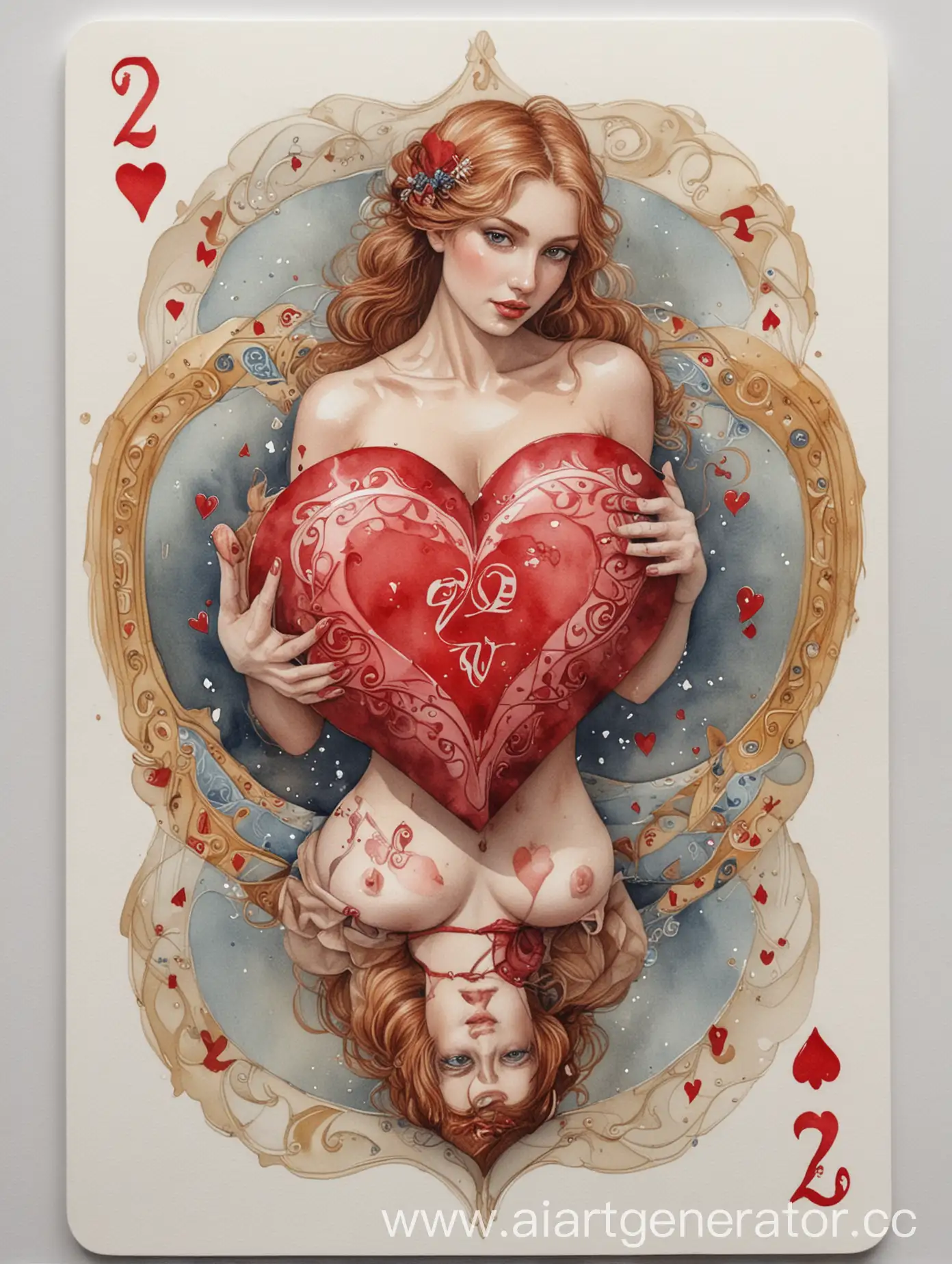 Watercolor-Two-of-Hearts-Playing-Card-with-Sexy-Mirrored-Reflection