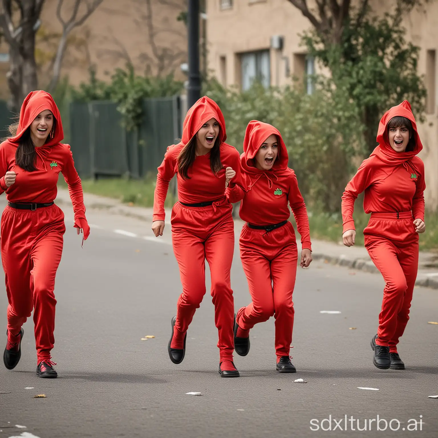 six girls dressed as red peppers run away from the police