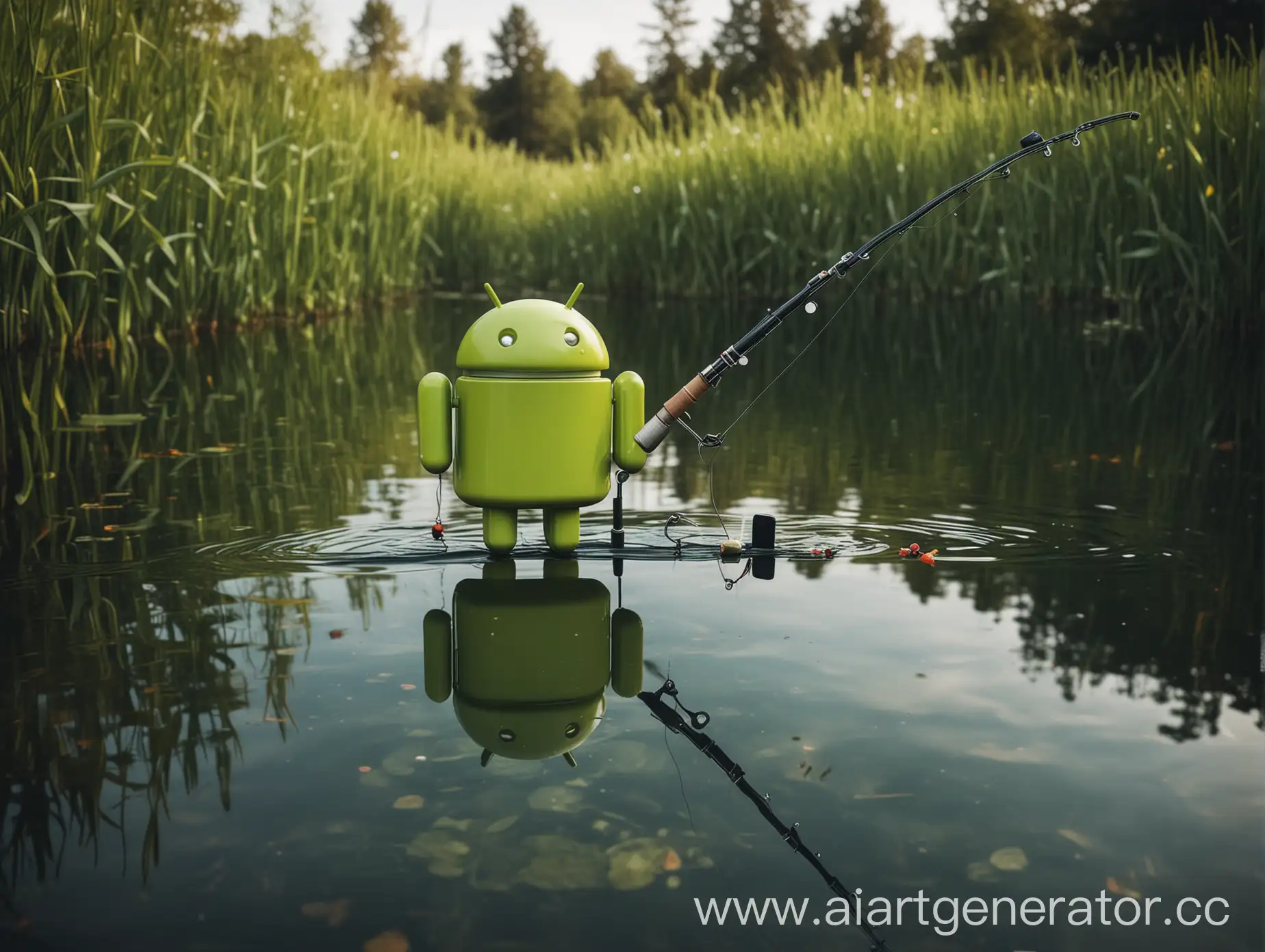 Android logo fishing with a fishing rod on the pond