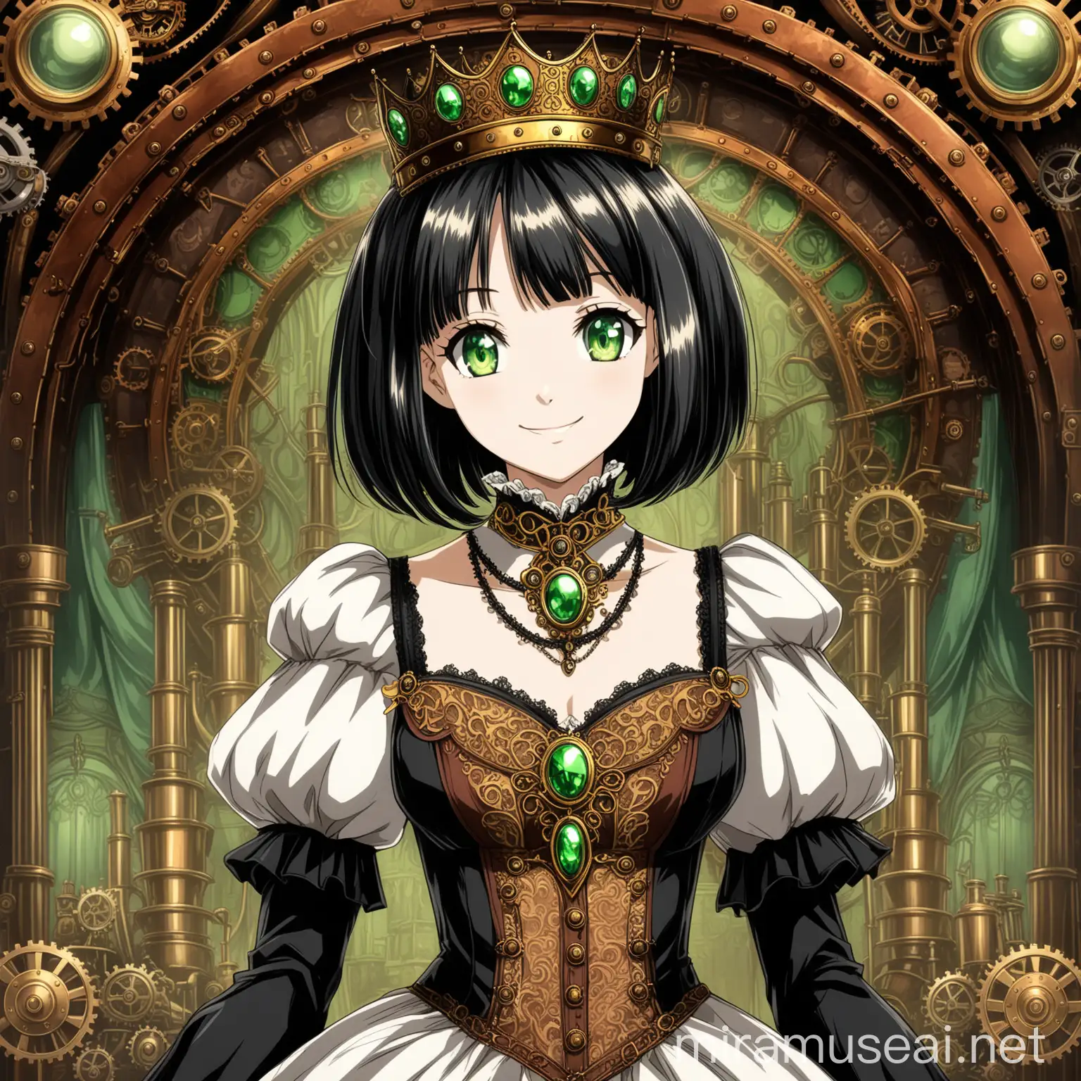 Visualize a adult woman with beautiful but nostalgic features and (black, layered bob hair with bangs), dressed in ornate (Victorian princess dress), and green eyes and a smile on her face, she has a steel crown, on a steampunk background. in anime
