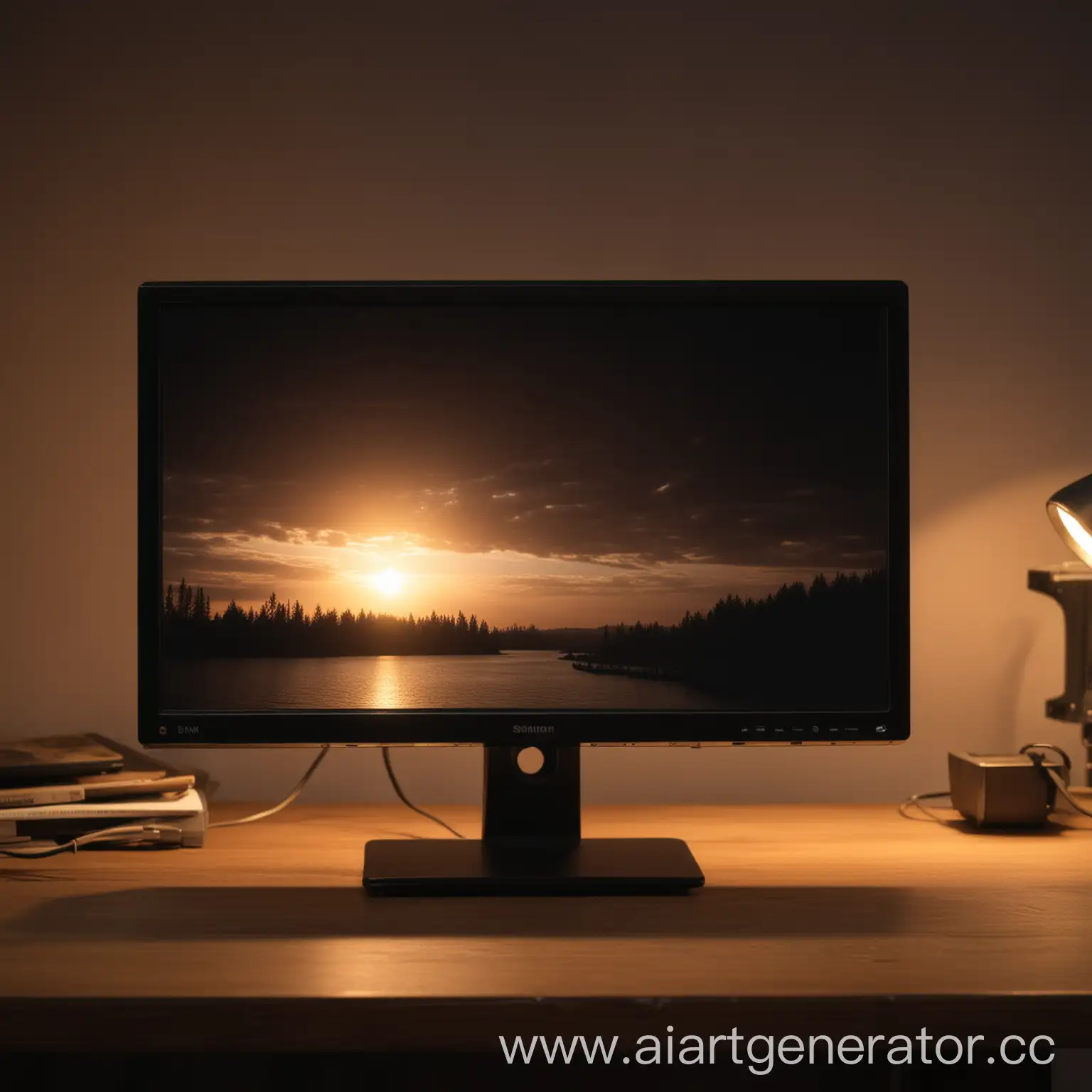 Desk-Setup-with-Monitor-in-Subdued-Lighting-and-Warm-Atmosphere