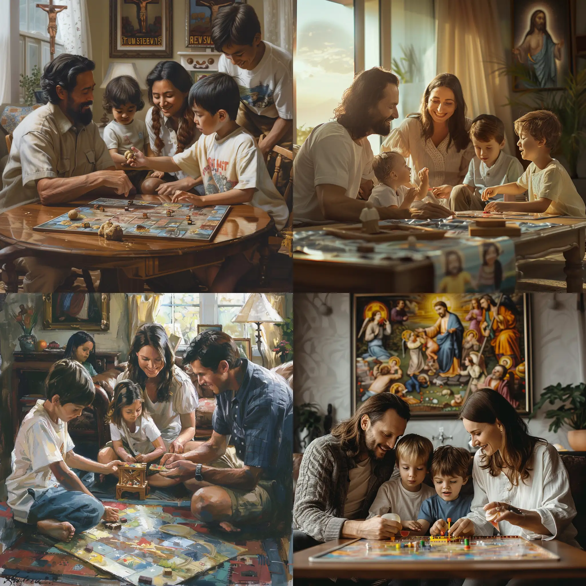 Family-Playing-Game-at-Home-with-Picture-of-Christ-in-Background