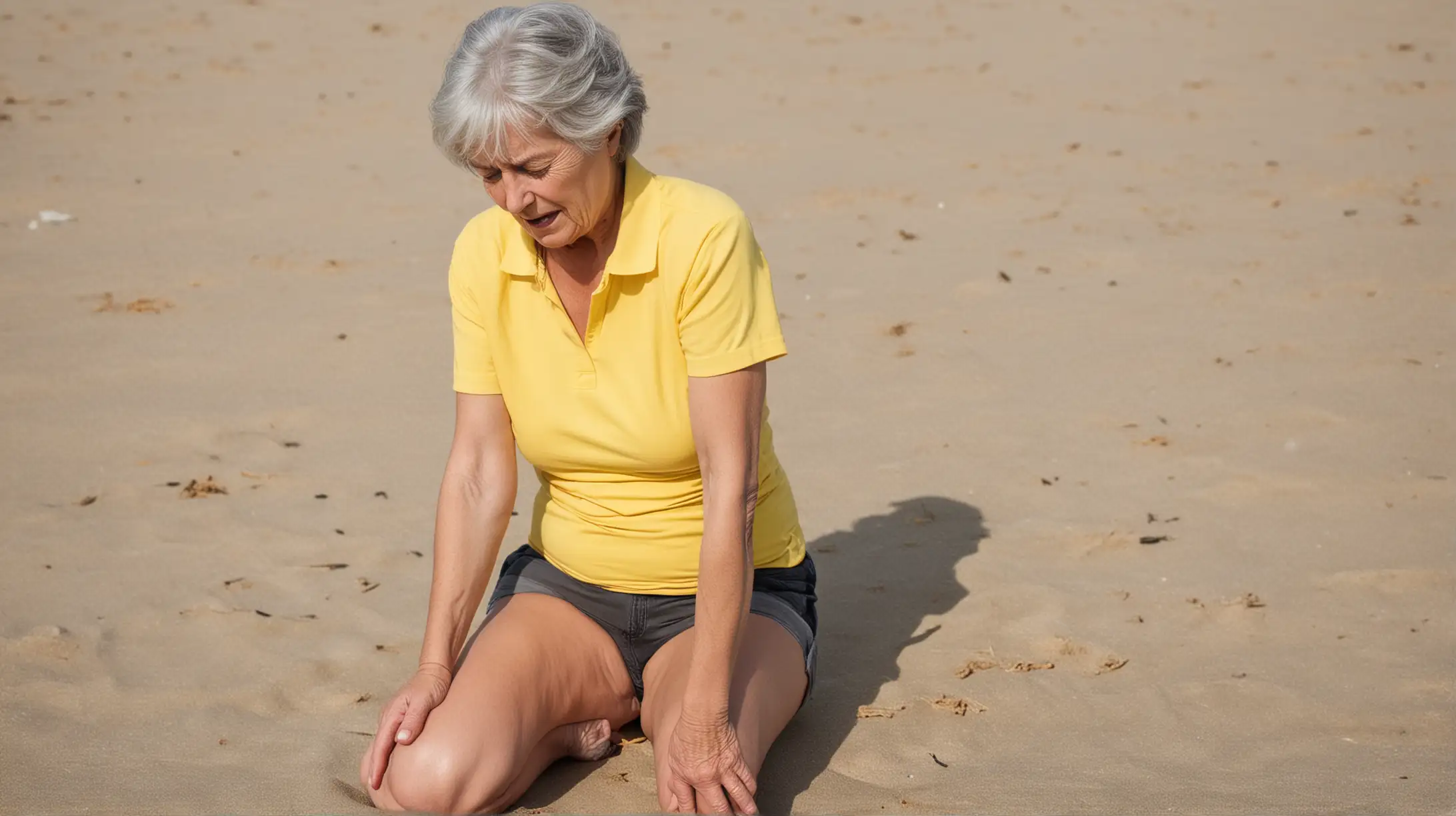 an older woman holding her knees in in pain on the beach in a yellow shirt