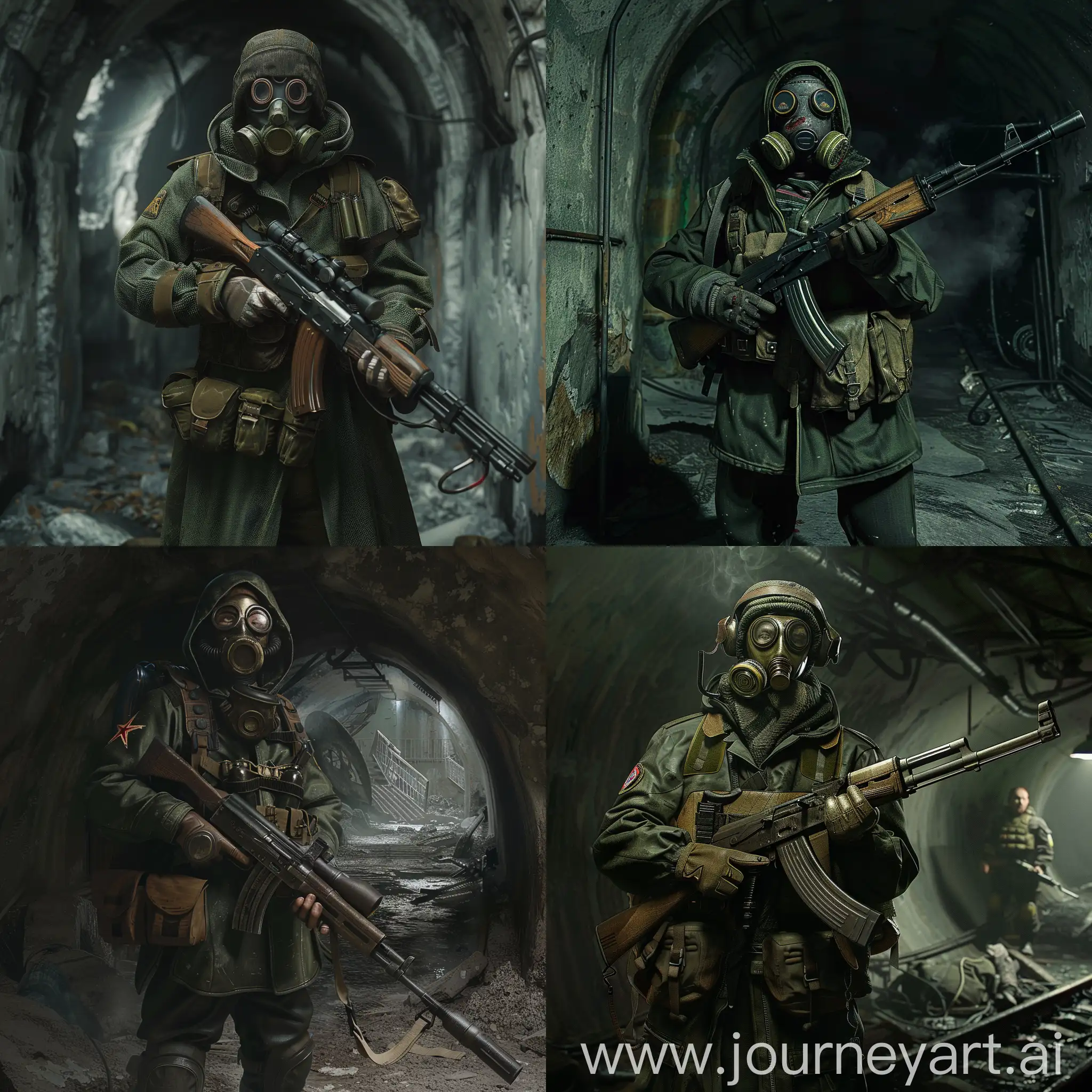 Survivor-in-PostApocalyptic-Armor-and-Gasmask-with-Soviet-Sniper-Rifle-in-Abandoned-Catacombs
