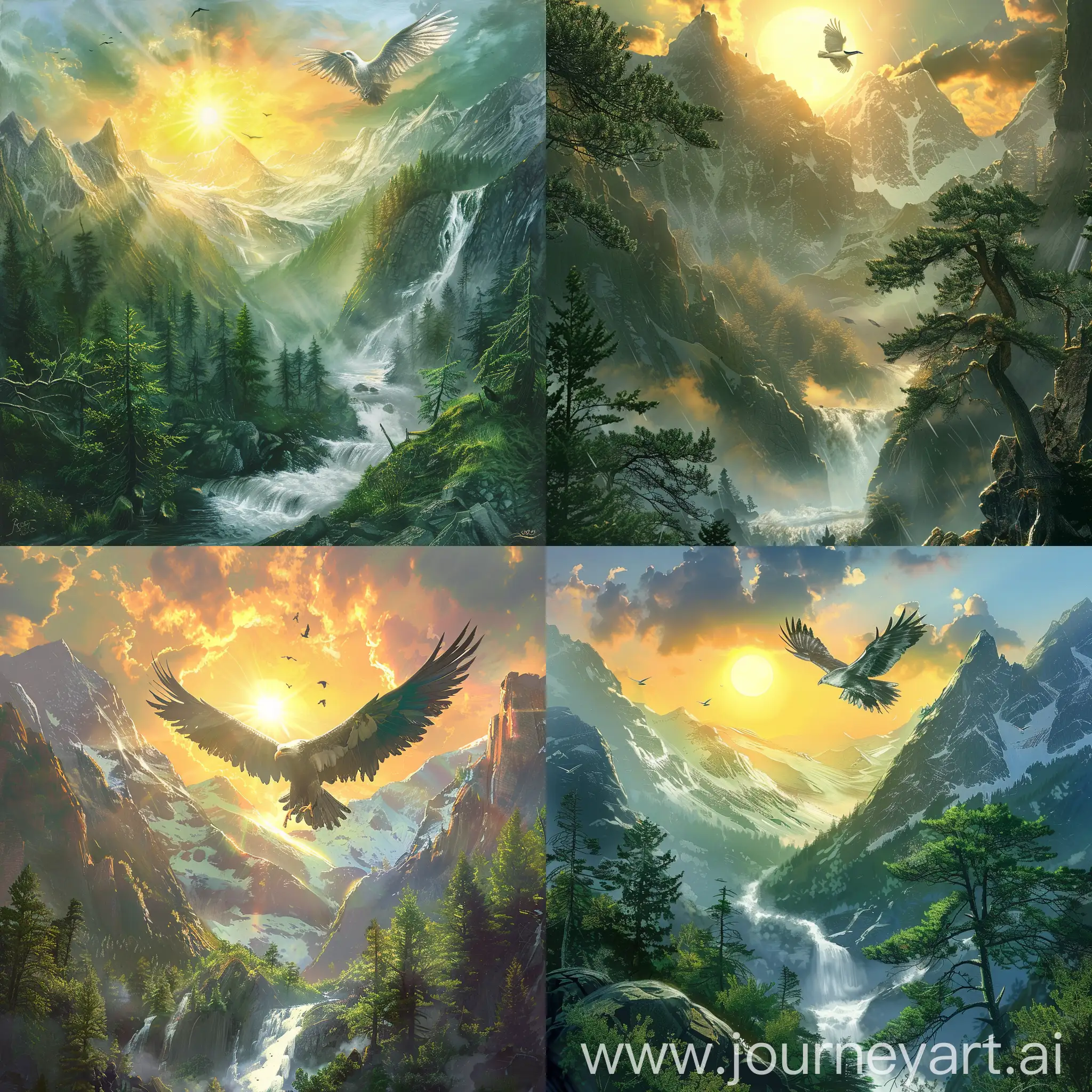 beautiful nature, green trees, mountains, a big sun is shining from behind the mountains, water is flowing like a river from the mountains. one big silver bird flew in the sky, the bird is very proud and has big wings
