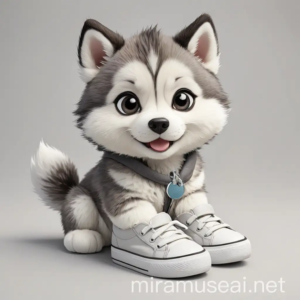coloring page for kids with a cute chibi kawaii baby husky sitting in one sneaker, black lines white background, only black and white