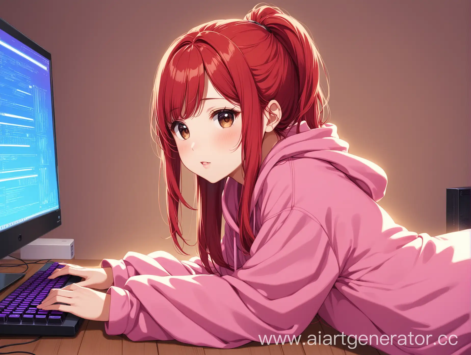 An image of a sexy girl, with a Korean hairstyle, red hair, brown eyes. The girl is in a room with beige walls, in which there is a computer with purple backlighting and a pink keyboard. The girl is dressed in a blue Stitch kigurumi, She is turned sideways and looking at me. Image size 2560x1440