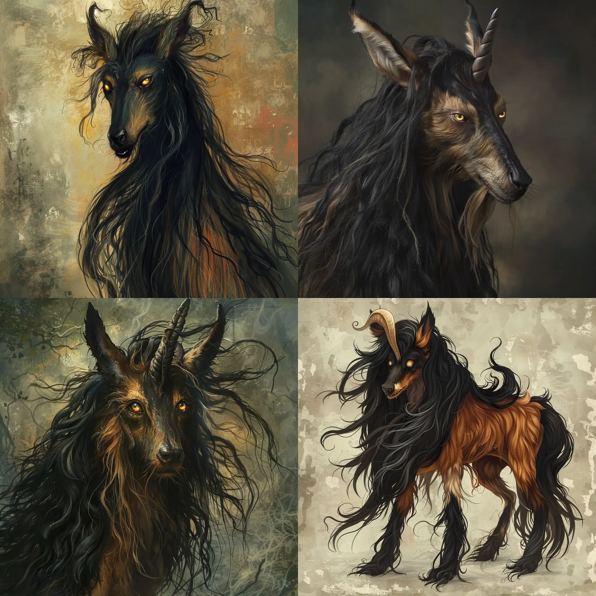 an irish fairy called a puca. it is mischevious but an adept shape shifter. it can go from a fox to a cat to a dog to a goat to a gremblin to a horse. Púca, the expert shape-shifter, had transformed into a dog with goat ears, retaining the horse's long black mane and luminescent golden eyes.  a strange being, part dog and part horse, with a coat of long, black hair and eyes that glowed like molten gold.  