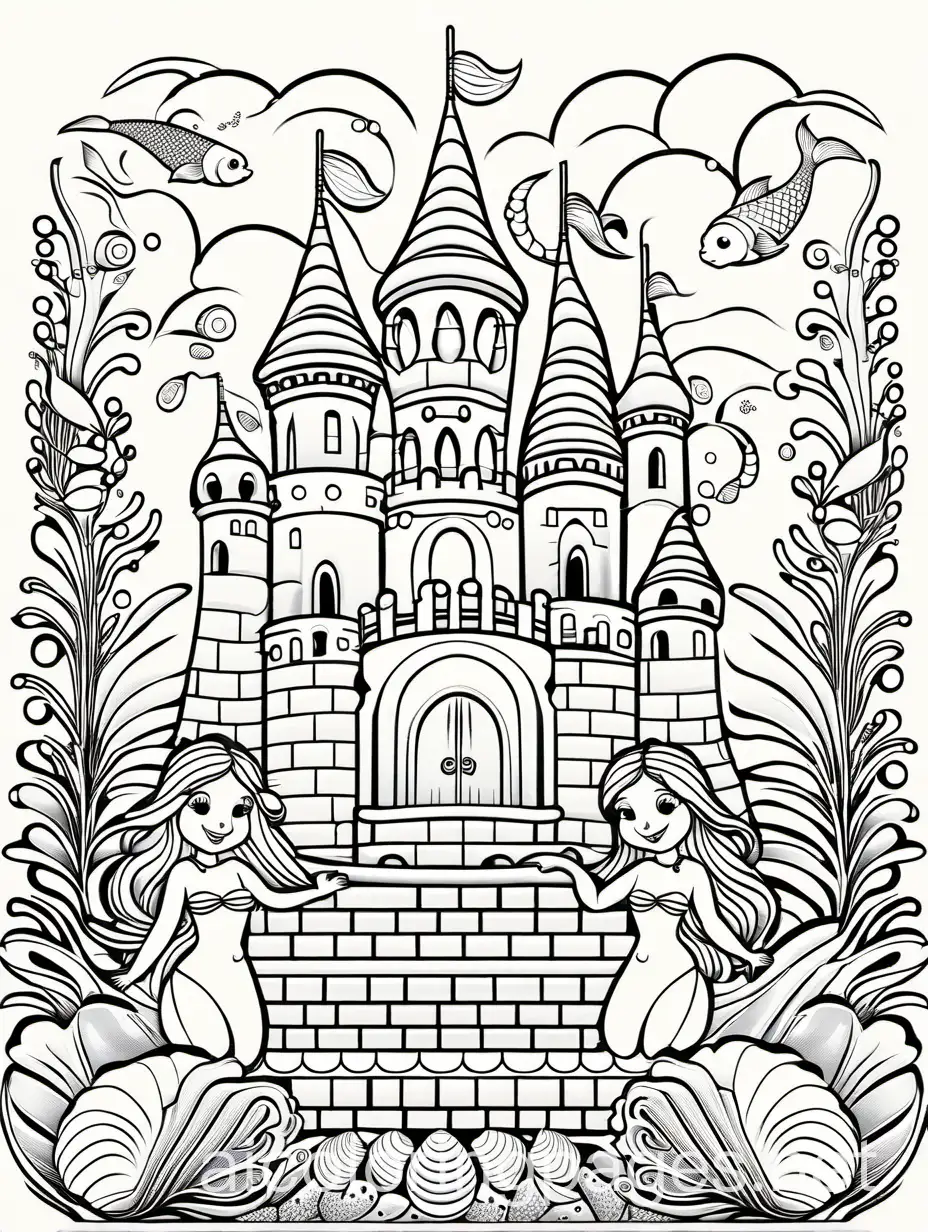 Mermaids decorating a giant sandcastle with shells and seaweed
,Coloring Page, black and white, line art, white background The background of the coloring page is plain white to make it easy for young children to color within the lines. The outlines of all the subjects are easy to distinguish, Coloring Page, black and white, line art, white background, Simplicity, Ample White Space. The background of the coloring page is plain white to make it easy for young children to color within the lines. The outlines of all the subjects are easy to distinguish, making it simple for kids to color without too much difficulty