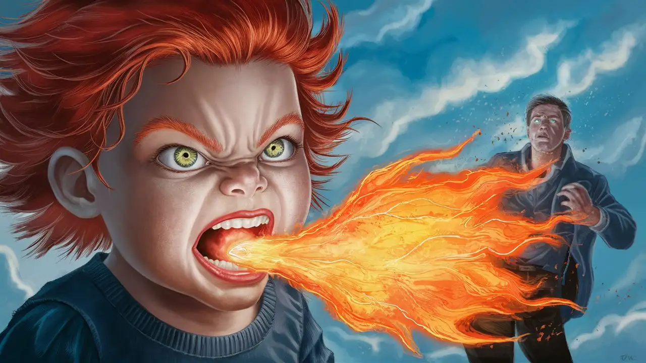 Angry Child Breathing Fire Stares Down Man