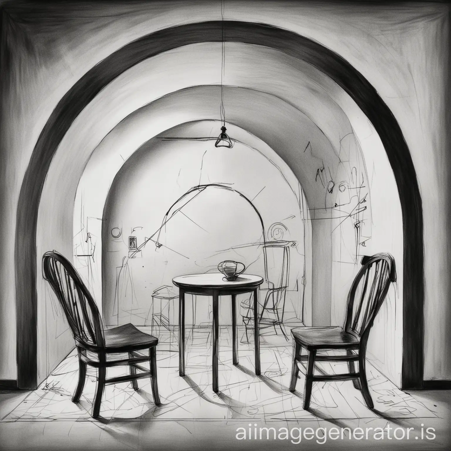 hand-drawn black and white sketch of an arch-shaped space, 2 chairs, a work of art by Kandinsky