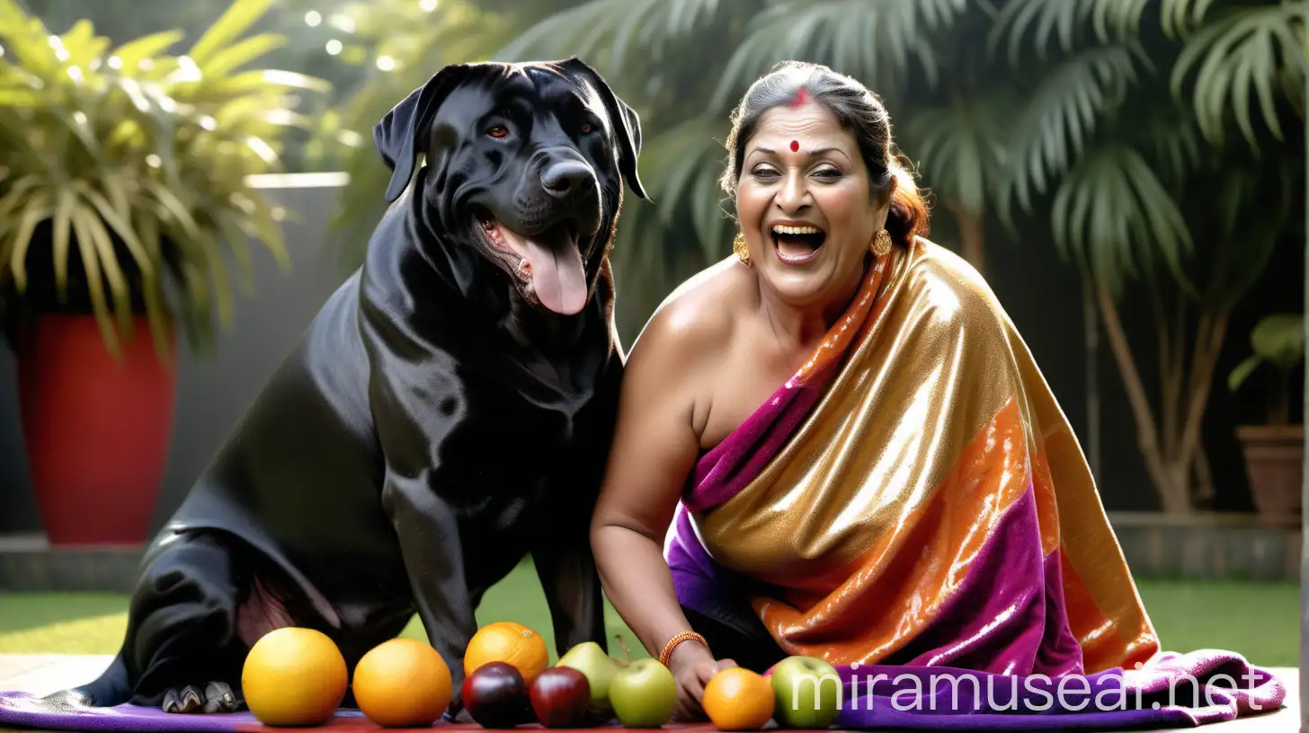 a indian fat mature beautiful woman age 47 years old  with make up and wet with sweat . she is happy and laughing and doing squat  . she is wearing a multicolor velvet bath towel and gold ornaments on her body . it morning time in a luxurious garden court yard . on table juice glass and fruits are there . a big black dog is near her .