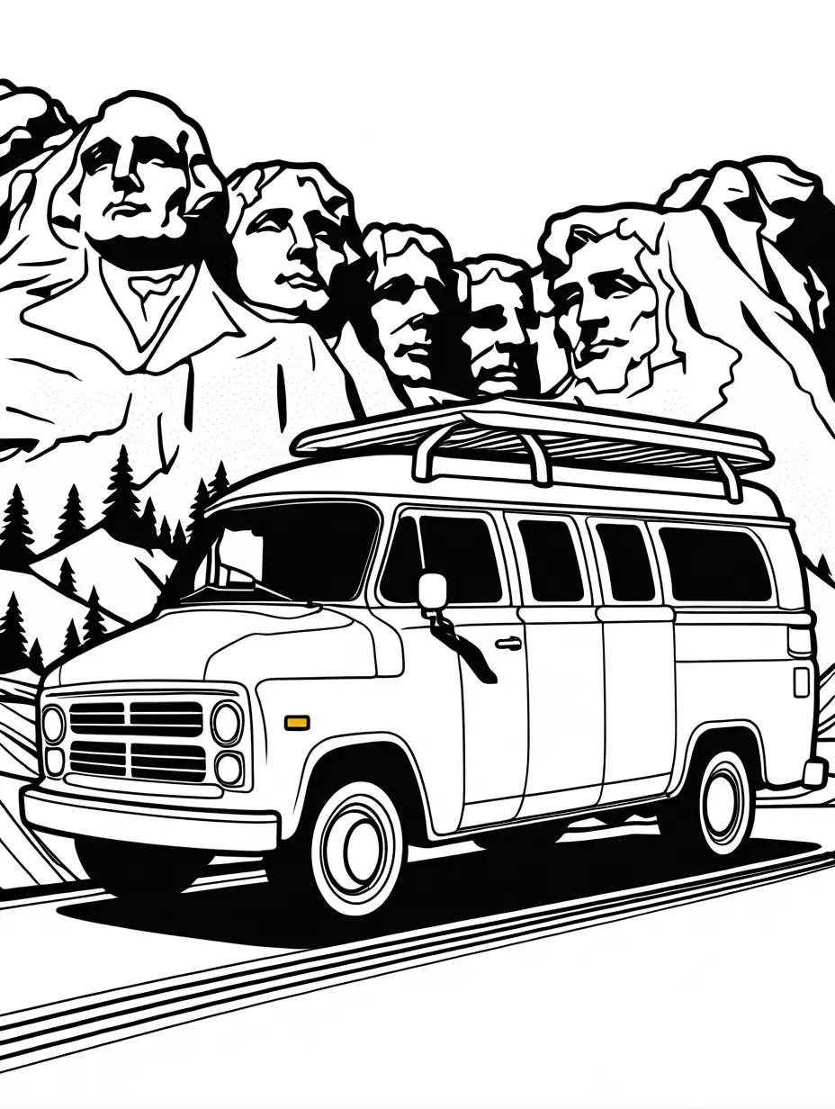 5 vans, mount rushmore, children , thick lines., Coloring Page, black and white, line art, white background, Simplicity, Ample White Space