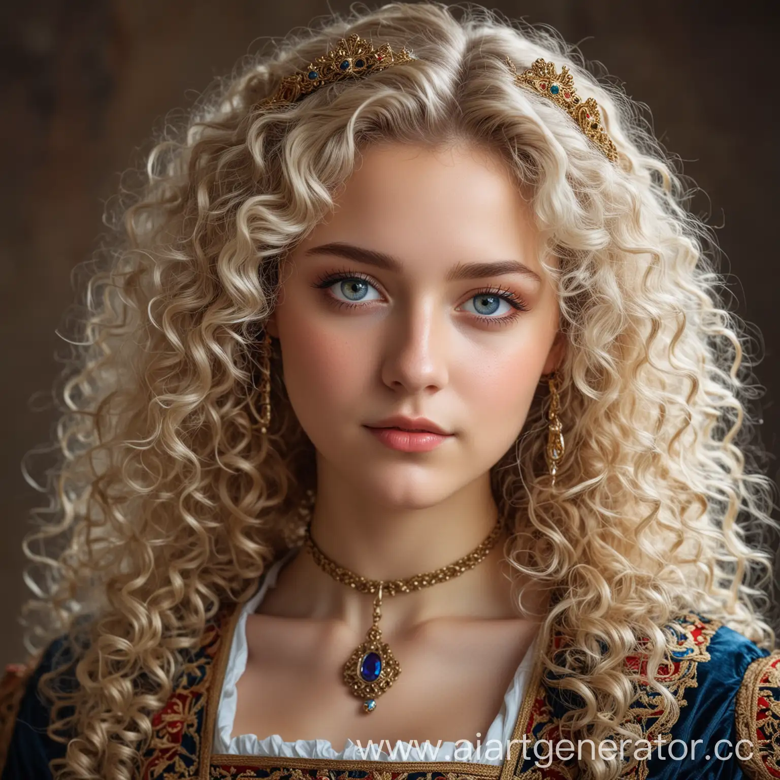 девушка аристократического типа, светлые кудрявые волосы, у нее разноцветные глаза, в средневековой одежде
