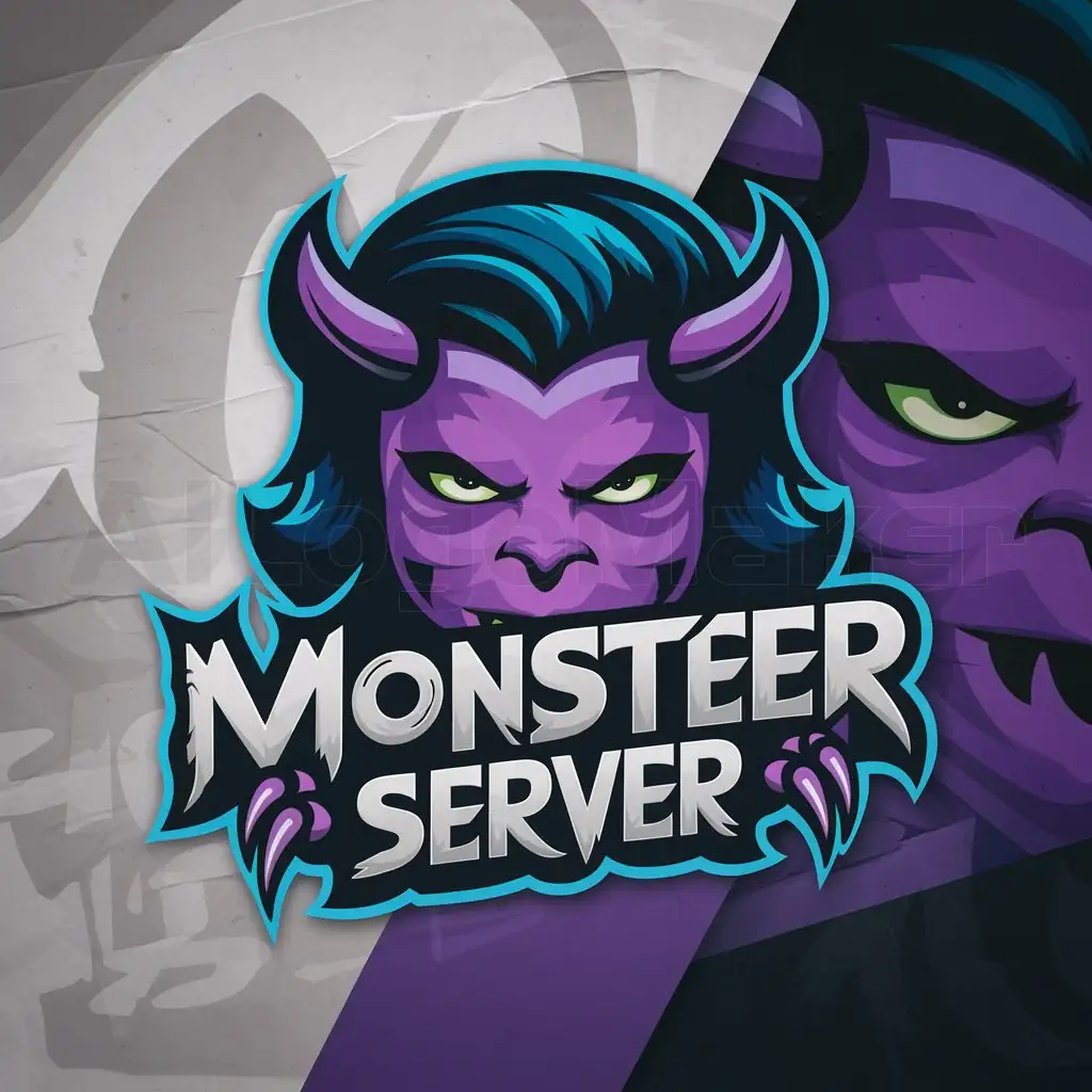 a logo design,with the text "Monster", main symbol:Theme: The logo features a unique monster face inspired by Valorant's Reyna. The design incorporates Reyna's distinct features, such as her sharp eyes and iconic hair, combined with monstrous elements like fangs or a more menacing expression. Colors: Use a gradient of purple for the face, with blue accents and black outlines. Highlight Reyna's eyes with neon green to make them stand out. Incorporate purple and black into her hair to blend with the overall color palette. Typography: The text 'Monster Server' is in a custom, slightly distorted font, integrated with claw and fang symbols. The text has a black base with purple shadows, creating a cohesive look. Background: The background features a gradient from light gray to a darker shade, with subtle texture to add interest without overpowering the main elements.,Moderate,be used in Internet industry,clear background
