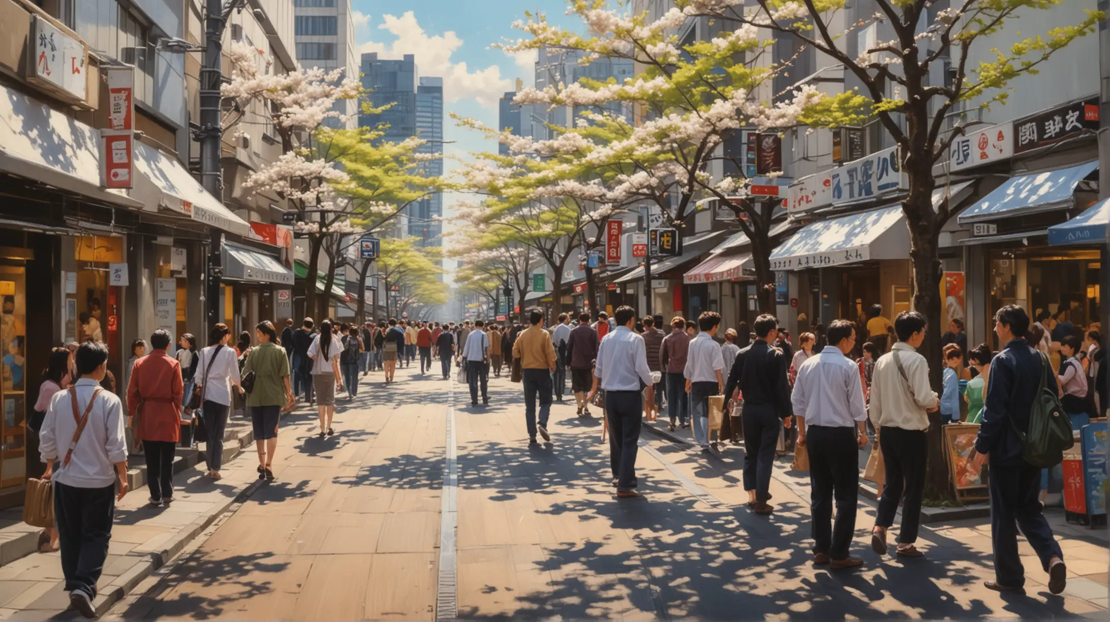 Oil painting of a busy sidewalk during a spring afternoon in tokyo japan with people passing as on a time lapse photography