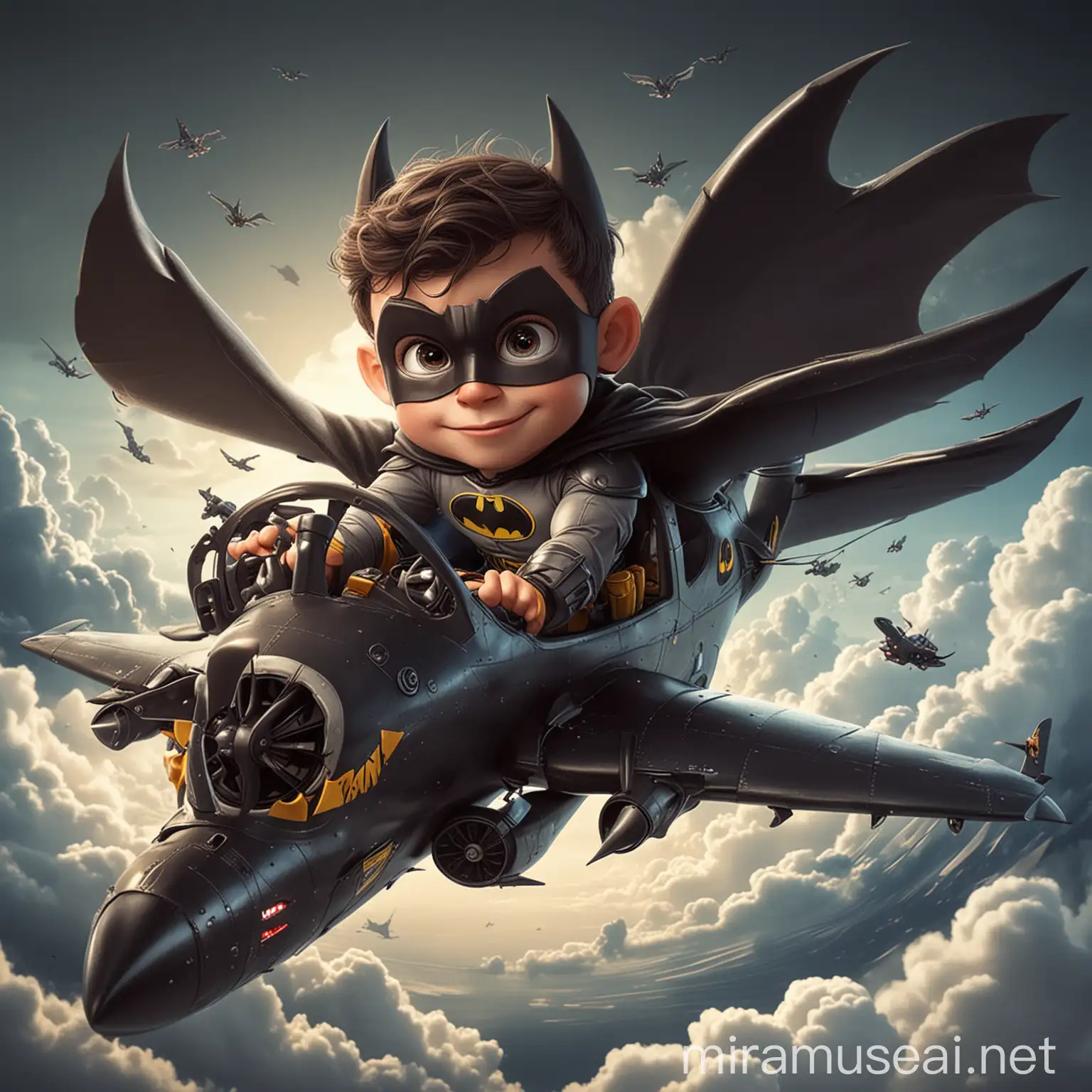 Playful Cartoon Kid as Batman Flying a Plane