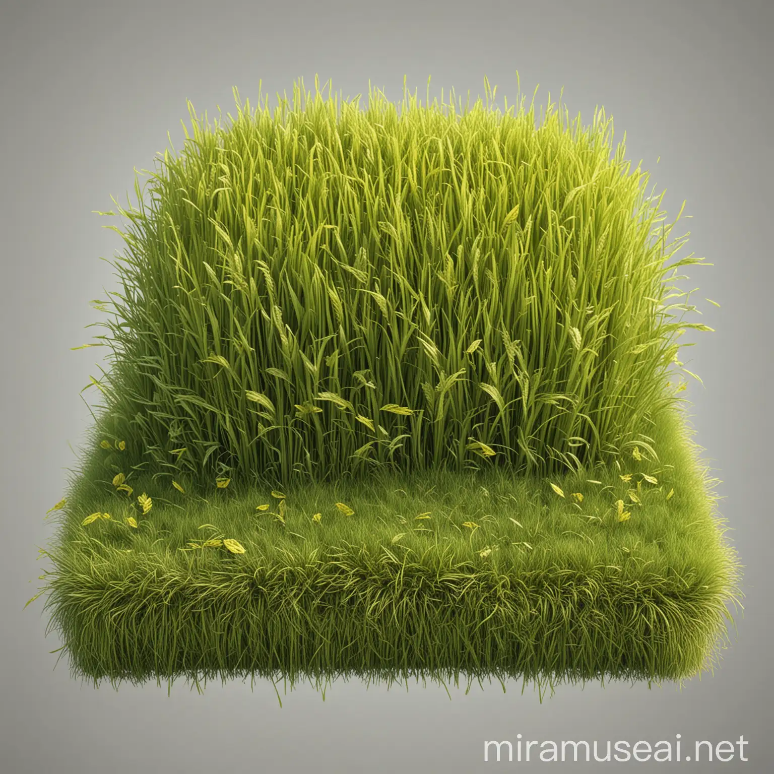 grassy platform, yellow green, fether like rendering monochrome, sketchfab, with 100% white background, sprite sheet, spread sheet of  small grass realistic drawing, in a front view prospective