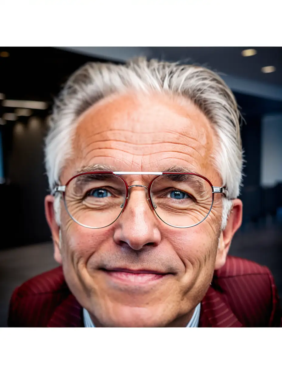 Relaxing Zurich bank office meeting room Beautiful elegant englishman  fat face smiling businessman short white hair white skin   and grey eyes in eyeglasses on head look direct to camera wearing Armani classical deep red suit with stripes and white shirt with red tie