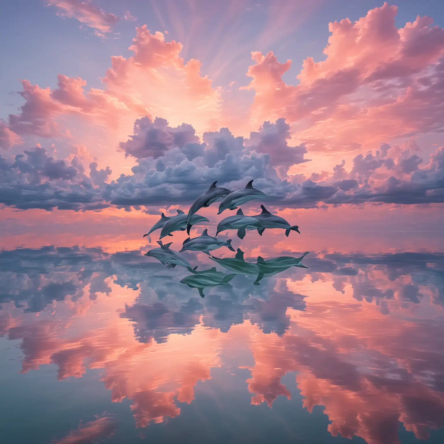 pastel clouds, reflecting in water, dolphins 